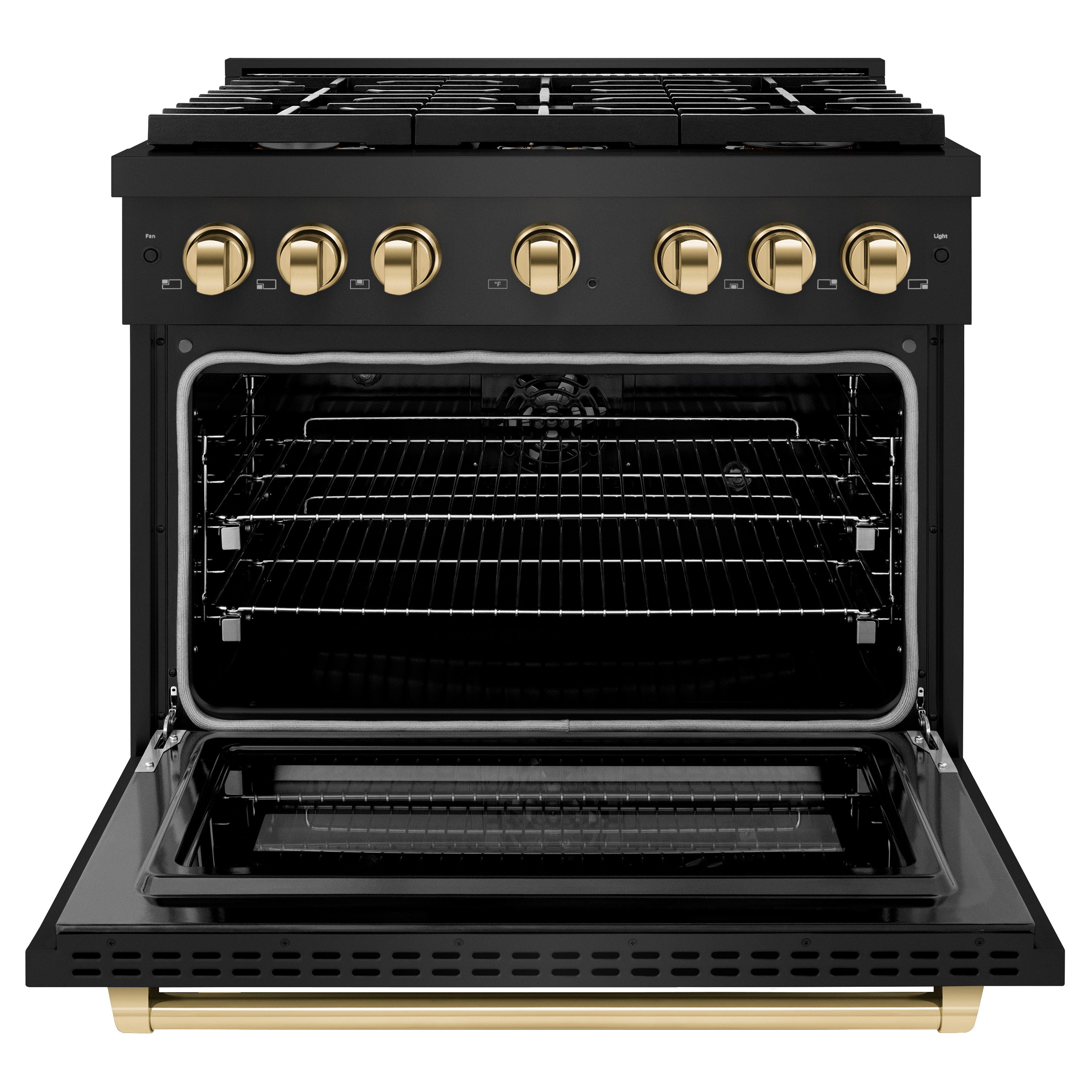 ZLINE Autograph Edition 36 in. 5.2 cu. ft. Paramount Dual Fuel Range with 6 Burner Gas Cooktop and Electric Convection Oven in Black Stainless Steel with Polished Gold Accents (SDRBZ-36-G)