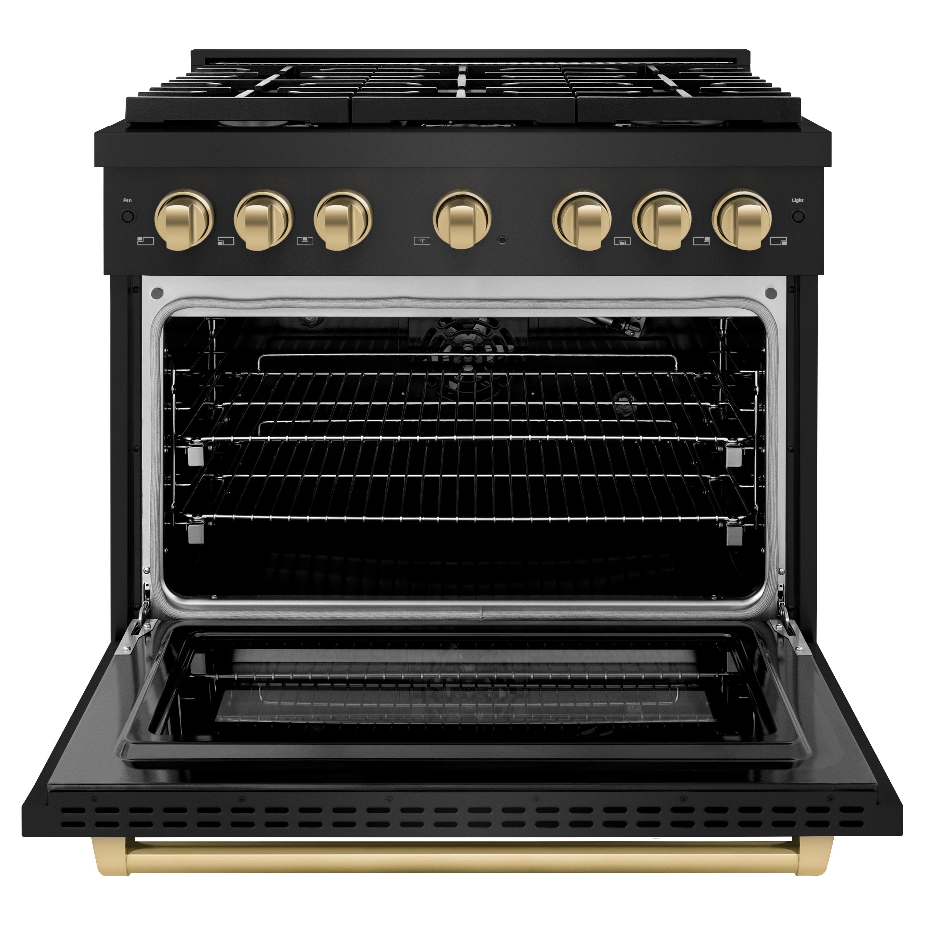 ZLINE Autograph Edition 36 in. 5.2 cu. ft. Paramount Gas Range with 6 Burner Cooktop and Convection Gas Oven in Black Stainless Steel and Champagne Bronze Accents (SGRBZ-36-CB)