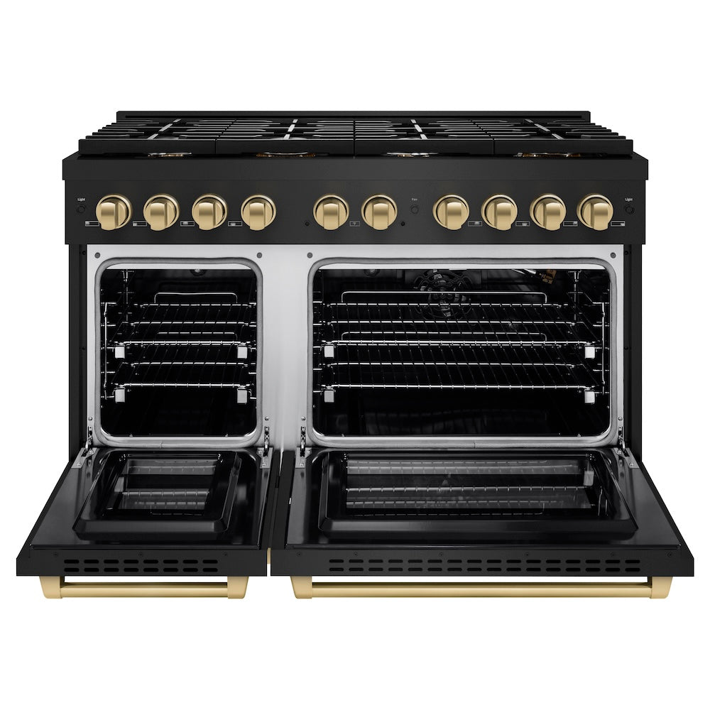 ZLINE Autograph Edition 48 in. 6.7 cu. ft. Paramount Double Oven Gas Range with 8 Burner Cooktop in Black Stainless Steel and Champagne Bronze Accents (SGRBZ-48-CB)