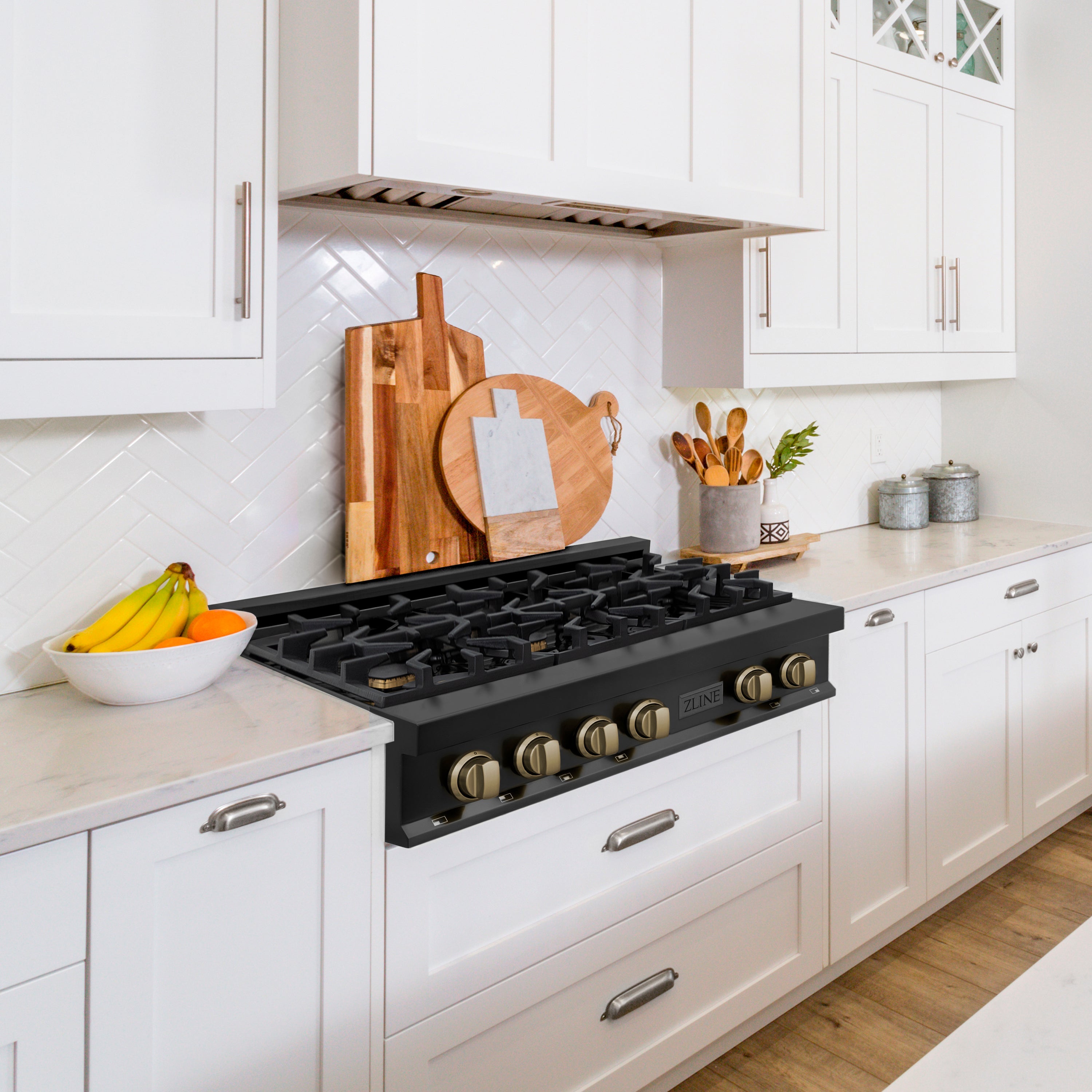 ZLINE Autograph Edition 30 in. Legacy Gas Rangetop with 4 Burners and Porcelain Cooktop in Black Stainless Steel with Champagne Bronze Accents (RTBZ-30-CB)