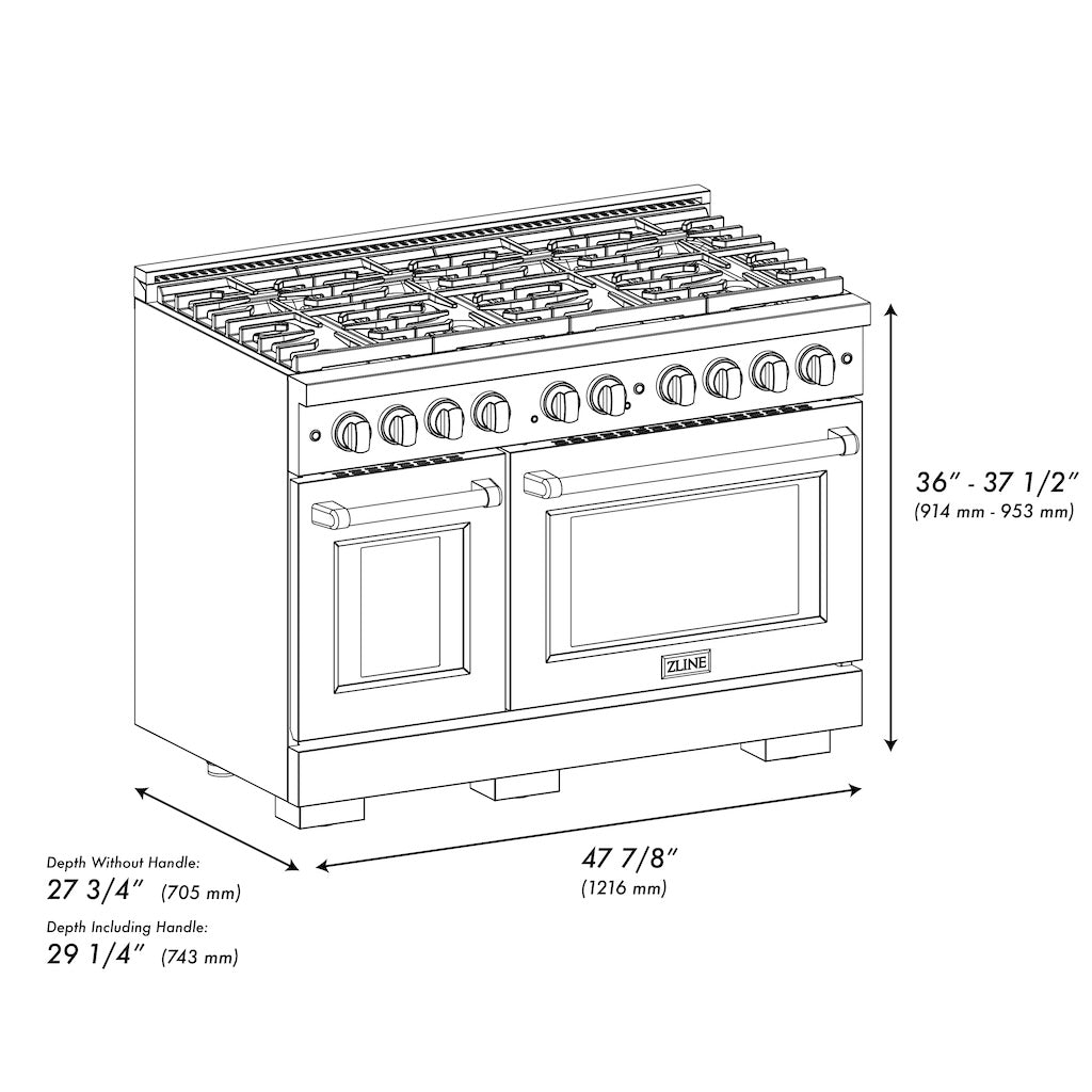 ZLINE Autograph Edition 48 in. 6.7 cu. ft. Paramount Double Oven Gas Range with 8 Burner Cooktop in Satin Stainless Steel and Polished Gold Accents (SGRSZ-48-G)