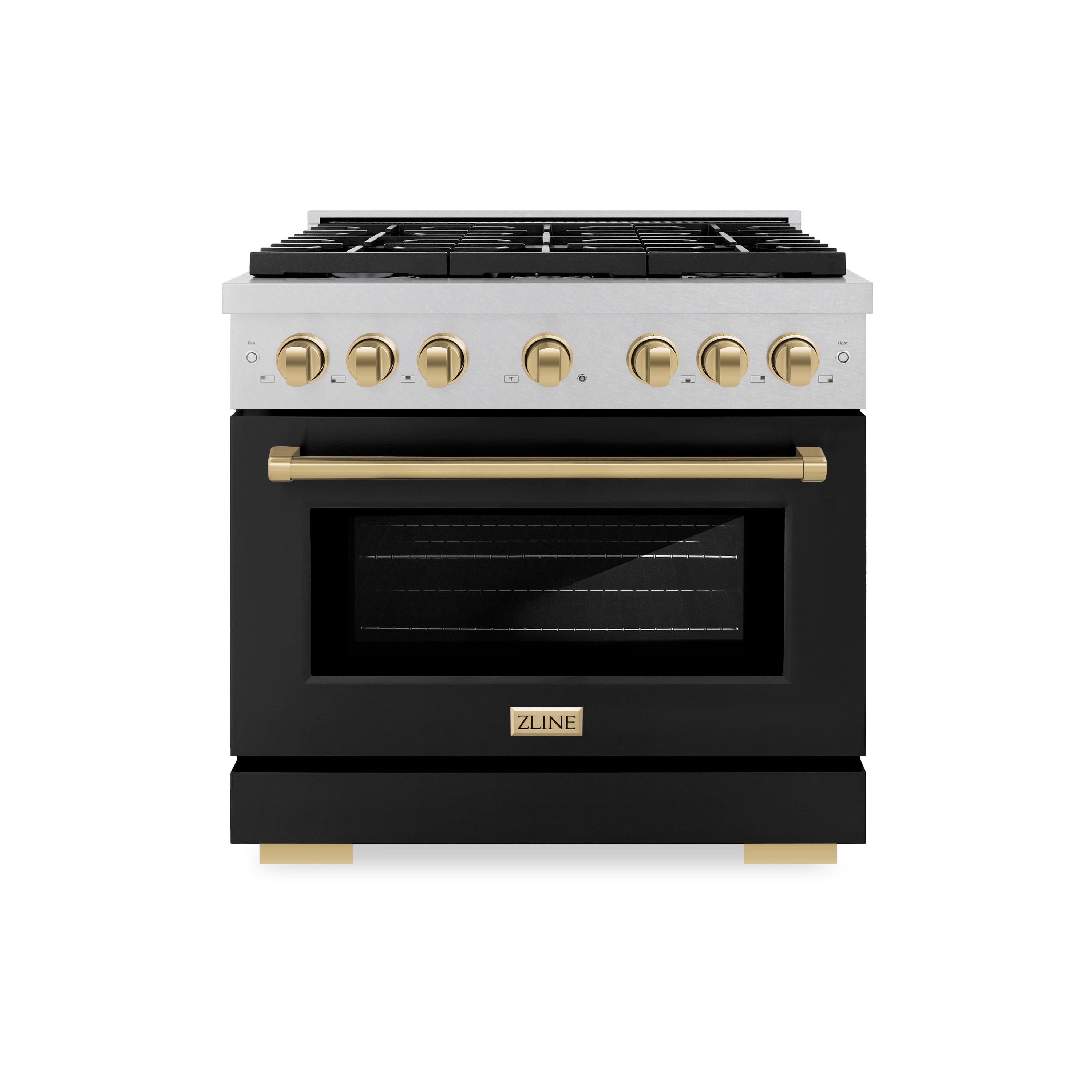 ZLINE Autograph Edition 36 in. 5.2 cu. ft. Paramount Dual Fuel Range with 6 Burner Gas Cooktop and Electric Convection Oven in Satin Stainless Steel with Black Matte Door and Champagne Bronze Accents (SDRSZ-BLM-36-CB)