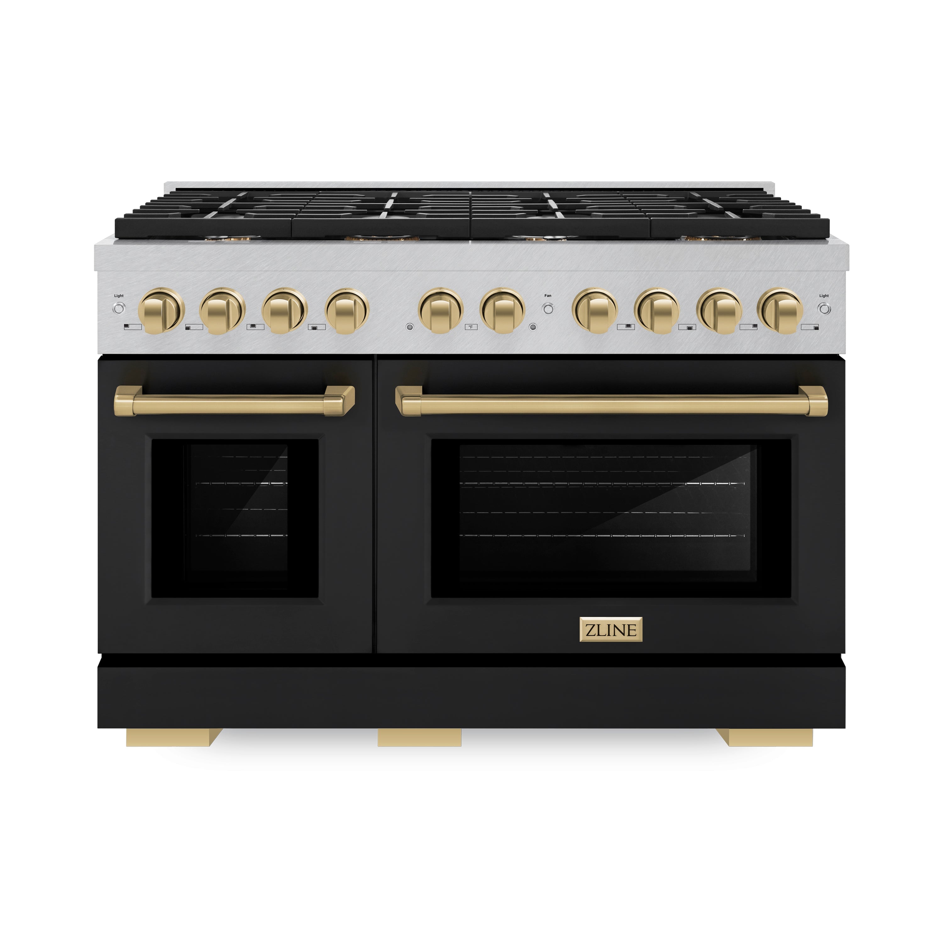 ZLINE Autograph Edition 48 in. 6.7 cu. ft. Paramount Double Oven Dual Fuel Range with 8 Burner Gas Cooktop in Satin Stainless Steel with Black Matte Doors and Champagne Bronze Accents (SDRSZ-BLM-48-CB)
