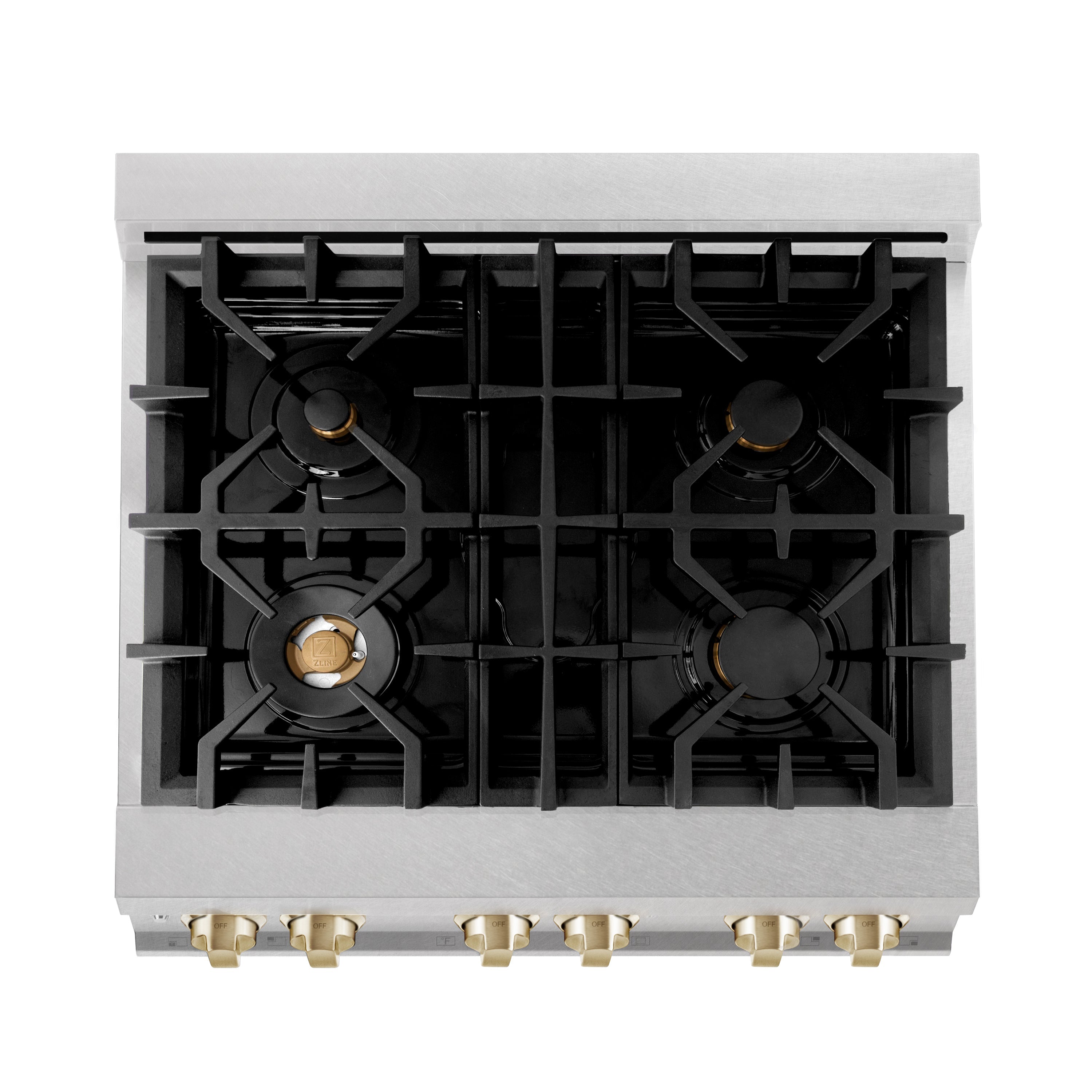 ZLINE Autograph Edition 30 in. 4.0 cu. ft. Legacy Dual Fuel Range with 4 Burner Gas Cooktop and Electric Convection Oven in Satin Stainless Steel and Polished Gold Accents (RASZ-SN-30-G)