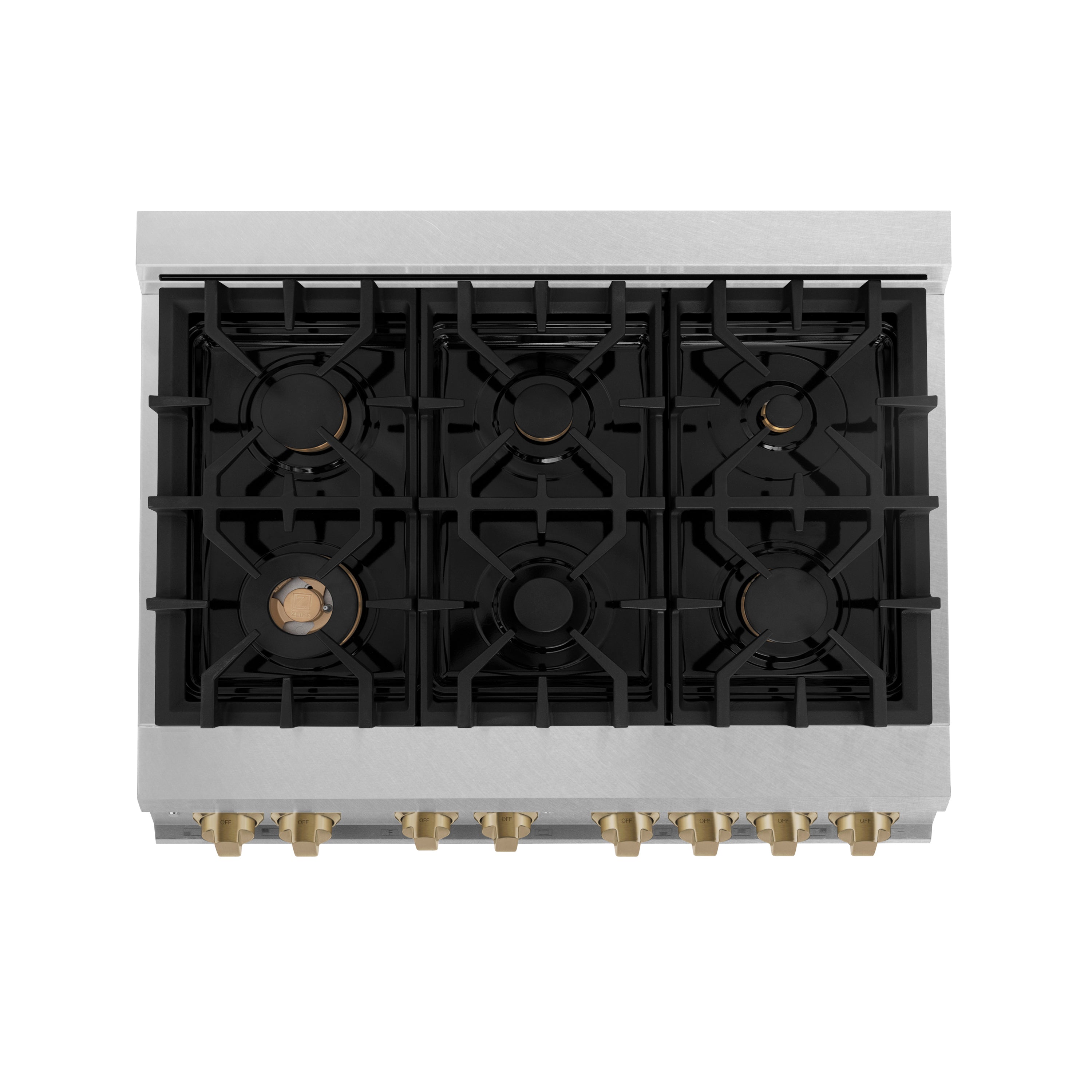 ZLINE Autograph Edition 36 in. 4.6 cu. ft. Legacy Dual Fuel Range with 6 Burner Gas Cooktop and Electric Convection Oven in Satin Stainless Steel and Champagne Bronze Accents (RASZ-SN-36-CB)
