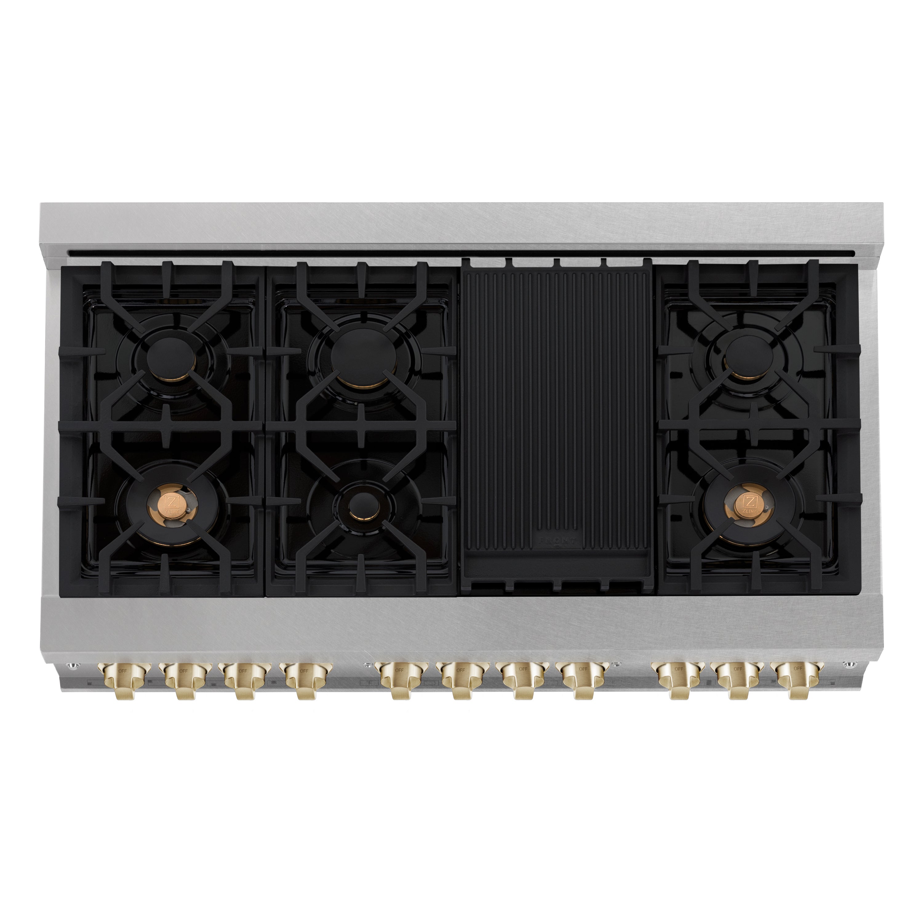 ZLINE Autograph Edition 48 in. 6.0 cu. ft. Legacy Dual Fuel Range with 7 Burner Gas Cooktop and 2 Electric Ovens in Satin Stainless Steel and Polished Gold Accents (RASZ-SN-48-G)