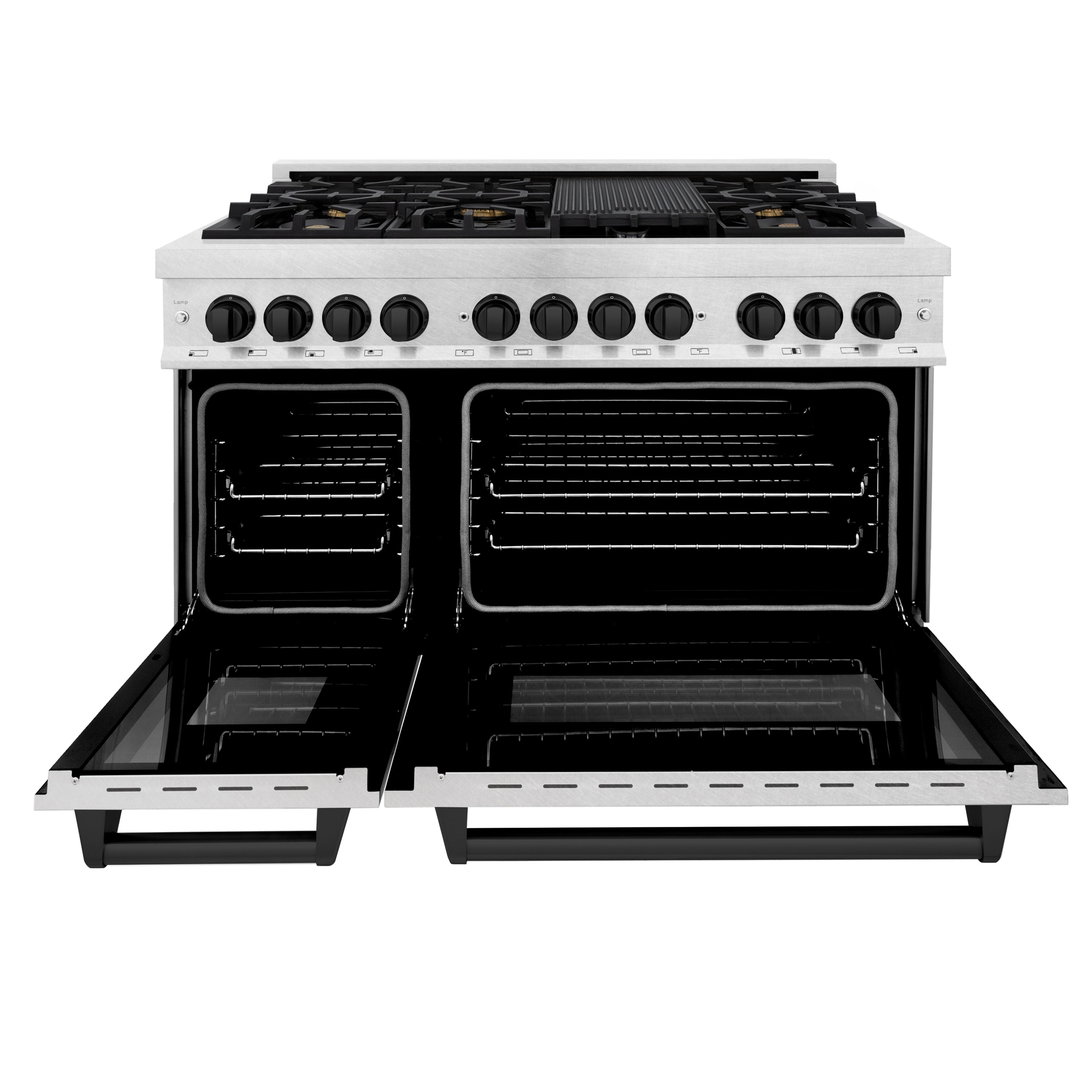 ZLINE Autograph Edition 48 in. 6.0 cu. ft. Legacy Dual Fuel Range with 7 Burner Gas Cooktop and 2 Electric Ovens in Satin Stainless Steel and Matte Black Accents (RASZ-SN-48-MB)