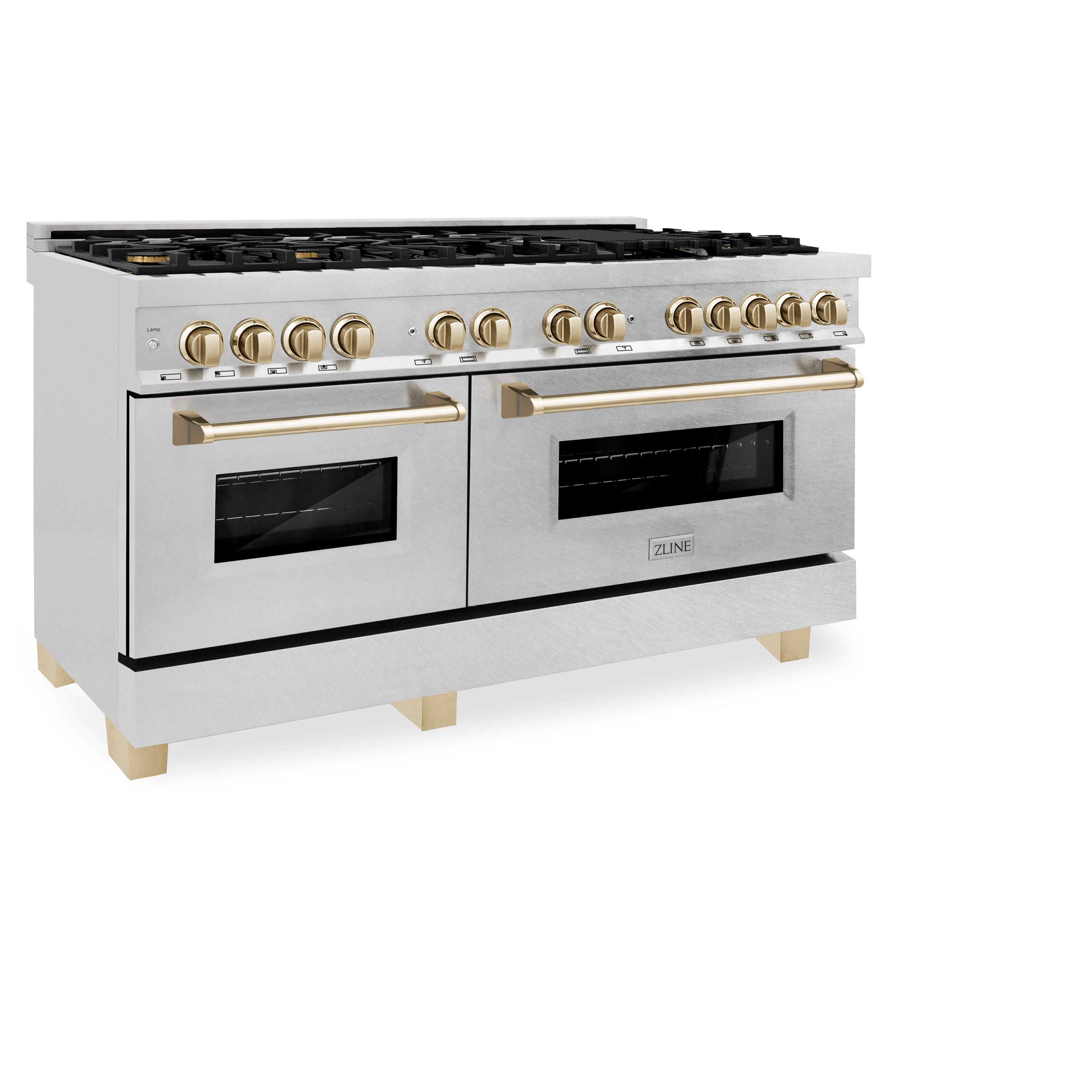 ZLINE Autograph Edition 60 in. 7.4 cu. ft. Legacy Dual Fuel Range with 9 Burner Gas Cooktop and 2 Electric Convection Ovens in Satin Stainless Steel and Polished Gold Accents (RASZ-SN-60-G)