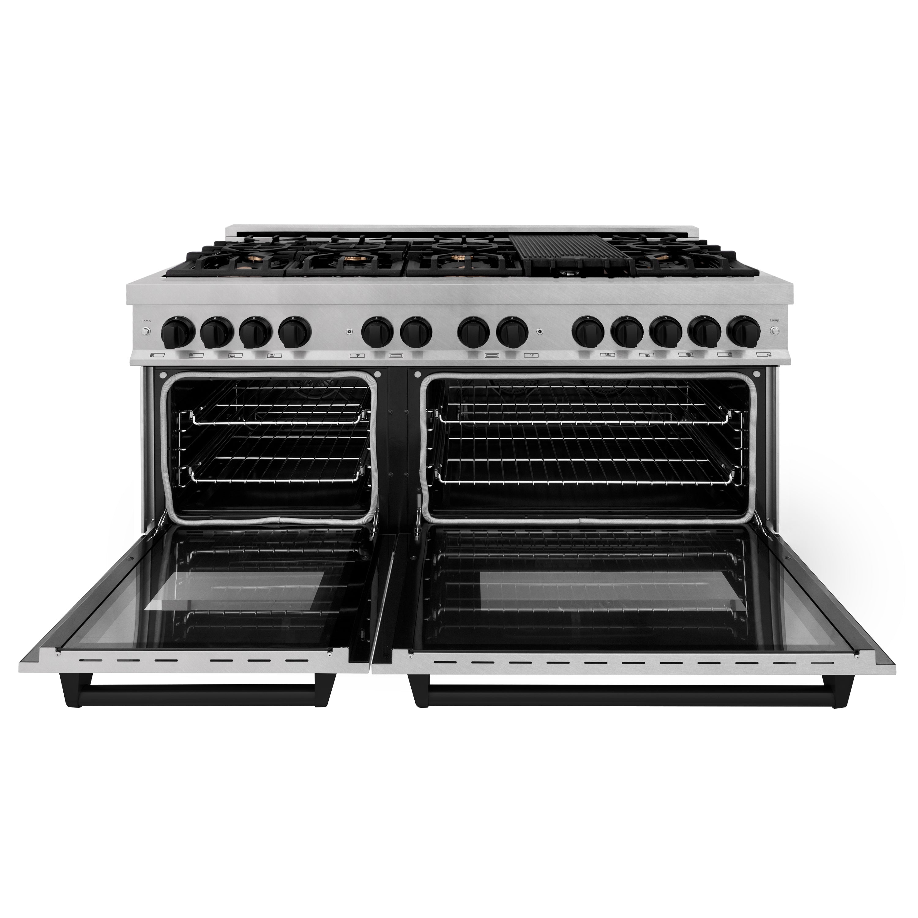 ZLINE Autograph Edition 60 in. 7.4 cu. ft. Legacy Dual Fuel Range with 9 Burner Gas Cooktop and 2 Electric Convection Ovens in Satin Stainless Steel and Matte Black Accents (RASZ-SN-60-MB)