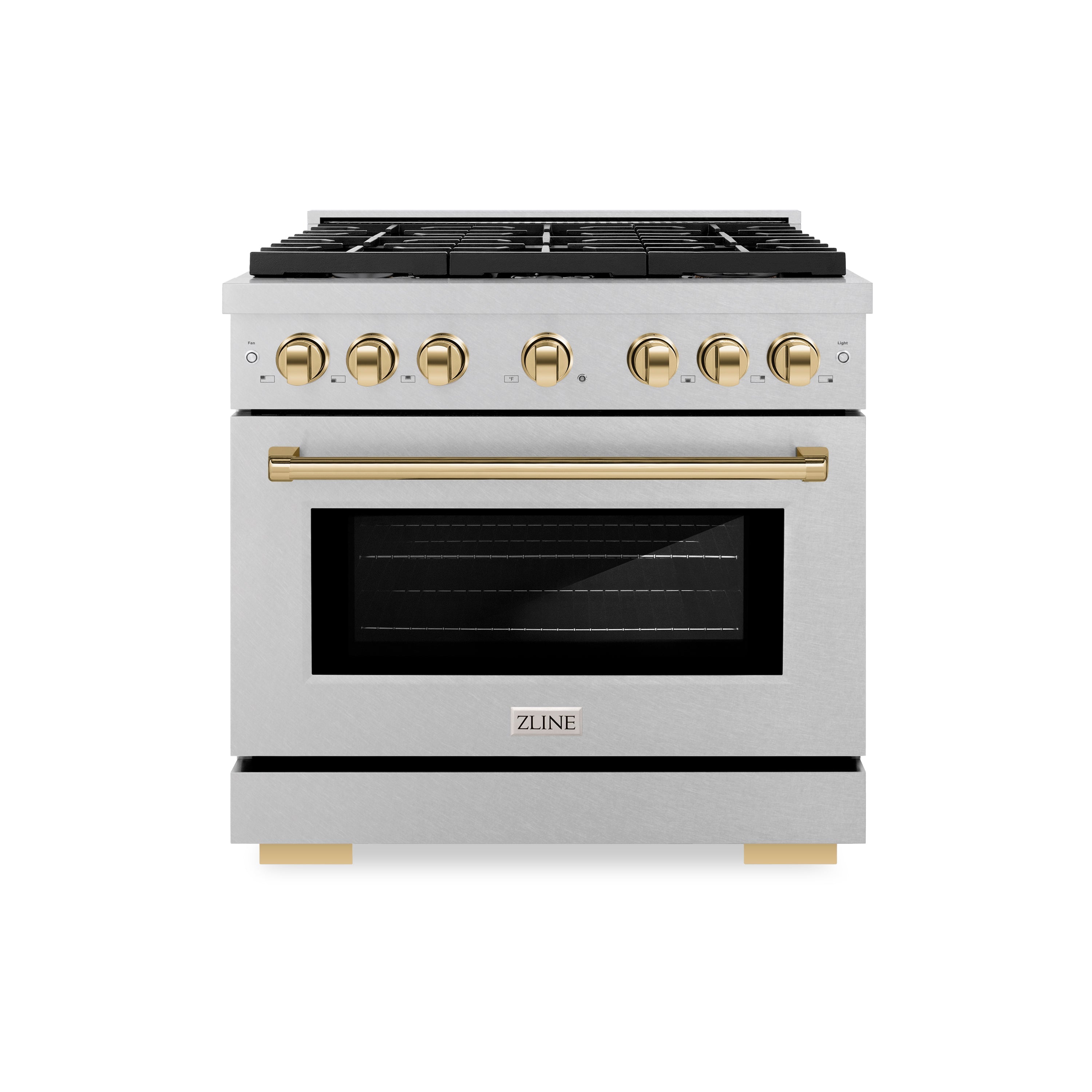 ZLINE Autograph Edition 36 in. 5.2 cu. ft. Paramount Dual Fuel Range with 6 Burner Gas Cooktop and Electric Convection Oven in Satin Stainless Steel with Polished Gold Accents (SDRSZ-36-G)