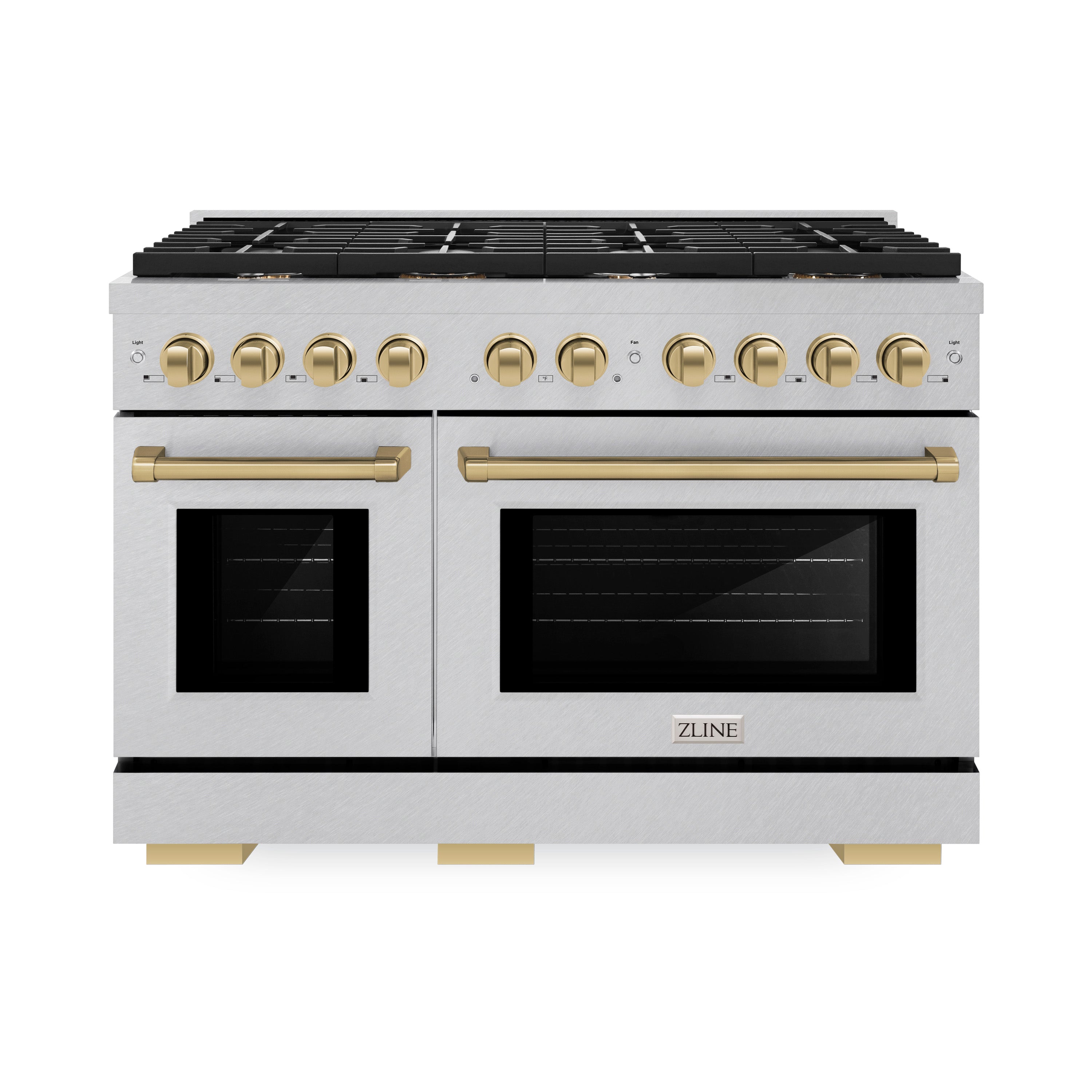ZLINE Autograph Edition 48 in. 6.7 cu. ft. Paramount Double Oven Dual Fuel Range with 8 Burner Gas Cooktop in Satin Stainless Steel and Polished Gold Accents (SDRSZ-48-G)