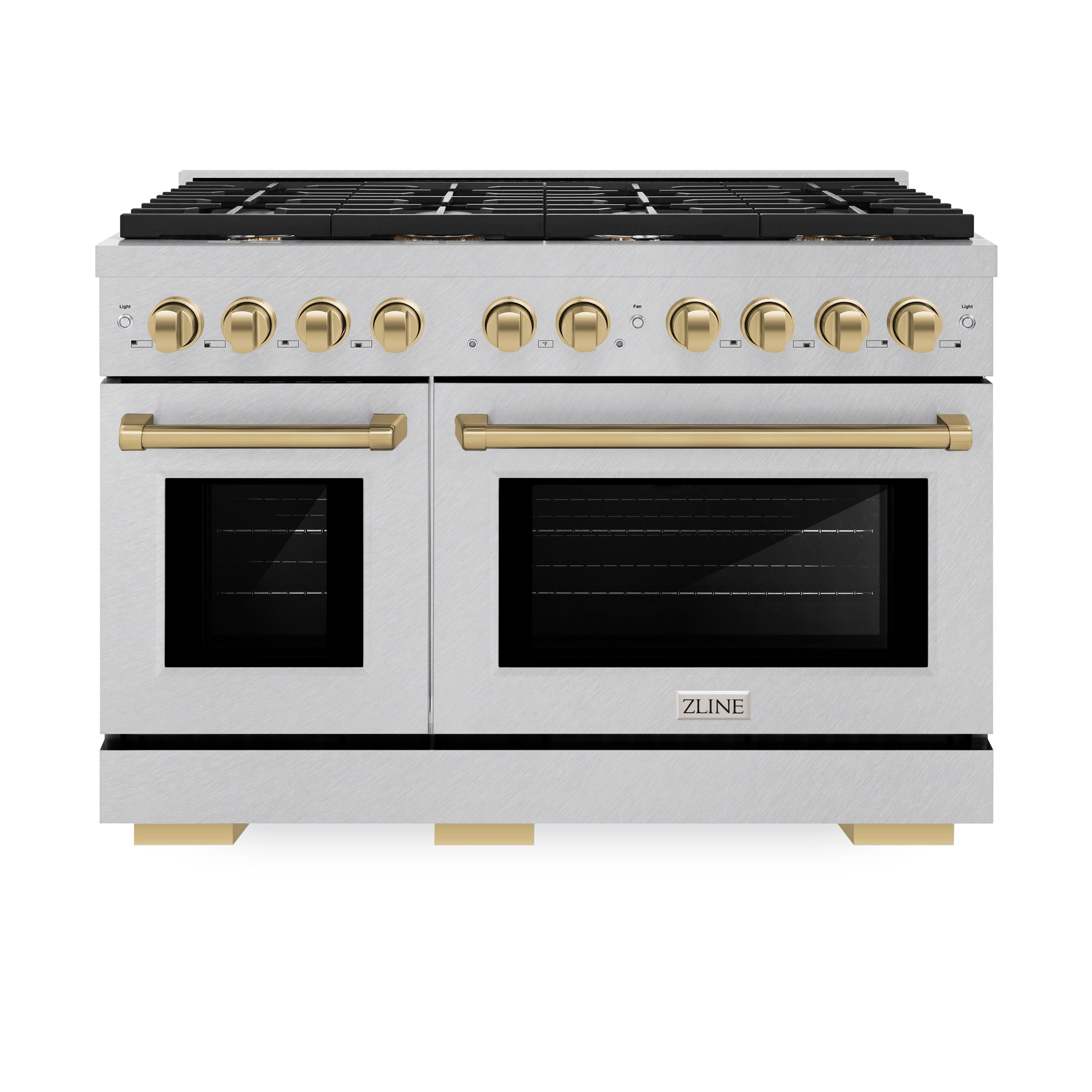 ZLINE Autograph Edition 48 in. 6.7 cu. ft. Paramount Double Oven Dual Fuel Range with 8 Burner Gas Cooktop in Satin Stainless Steel and Champagne Bronze Accents (SDRSZ-48-CB)