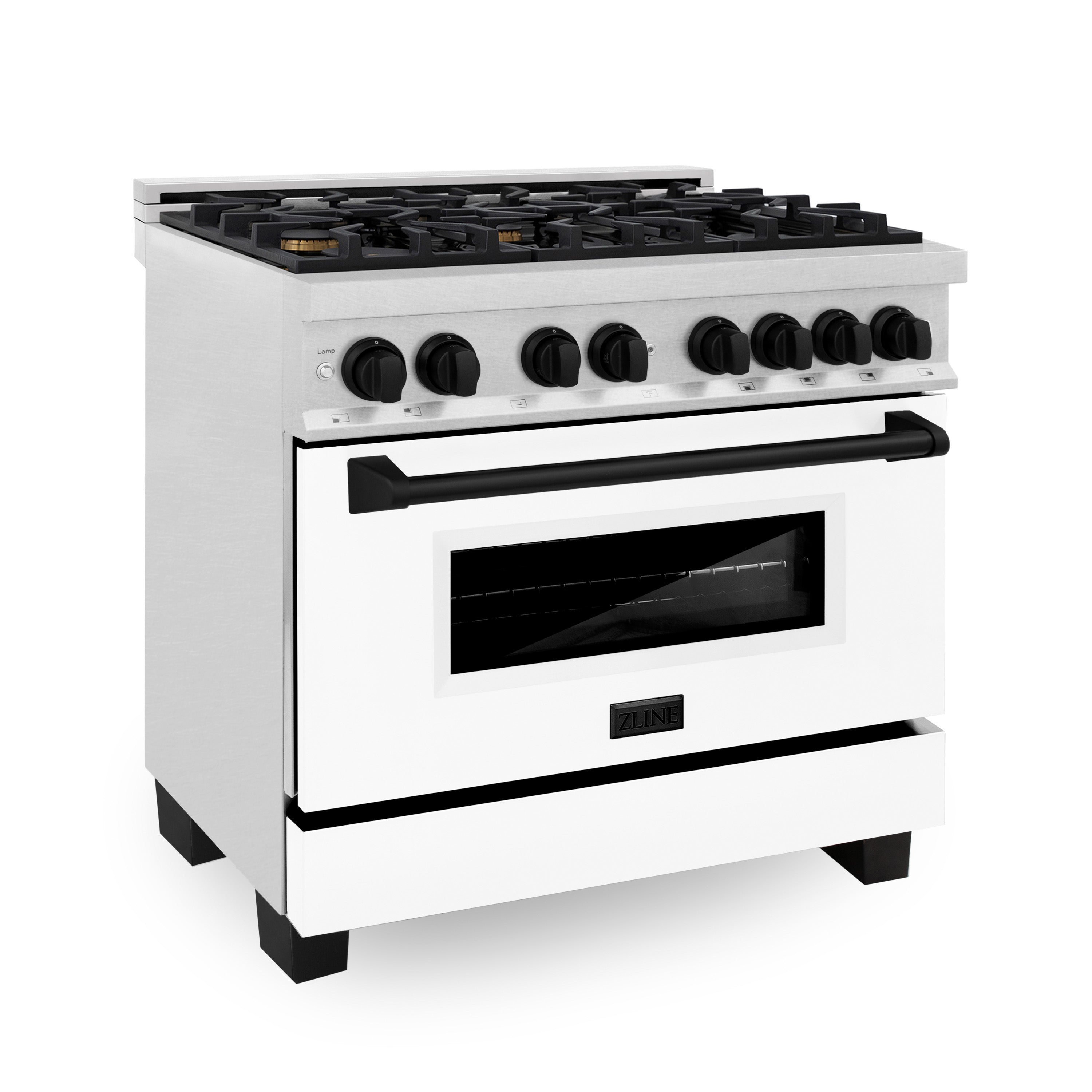 ZLINE Autograph Edition 36 in. 4.6 cu. ft. Legacy Dual Fuel Range with 6 Burner Gas Cooktop and Electric Convection Oven in Satin Stainless Steel with White Matte Door and Matte Black Accents (RASZ-WM-36-MB)