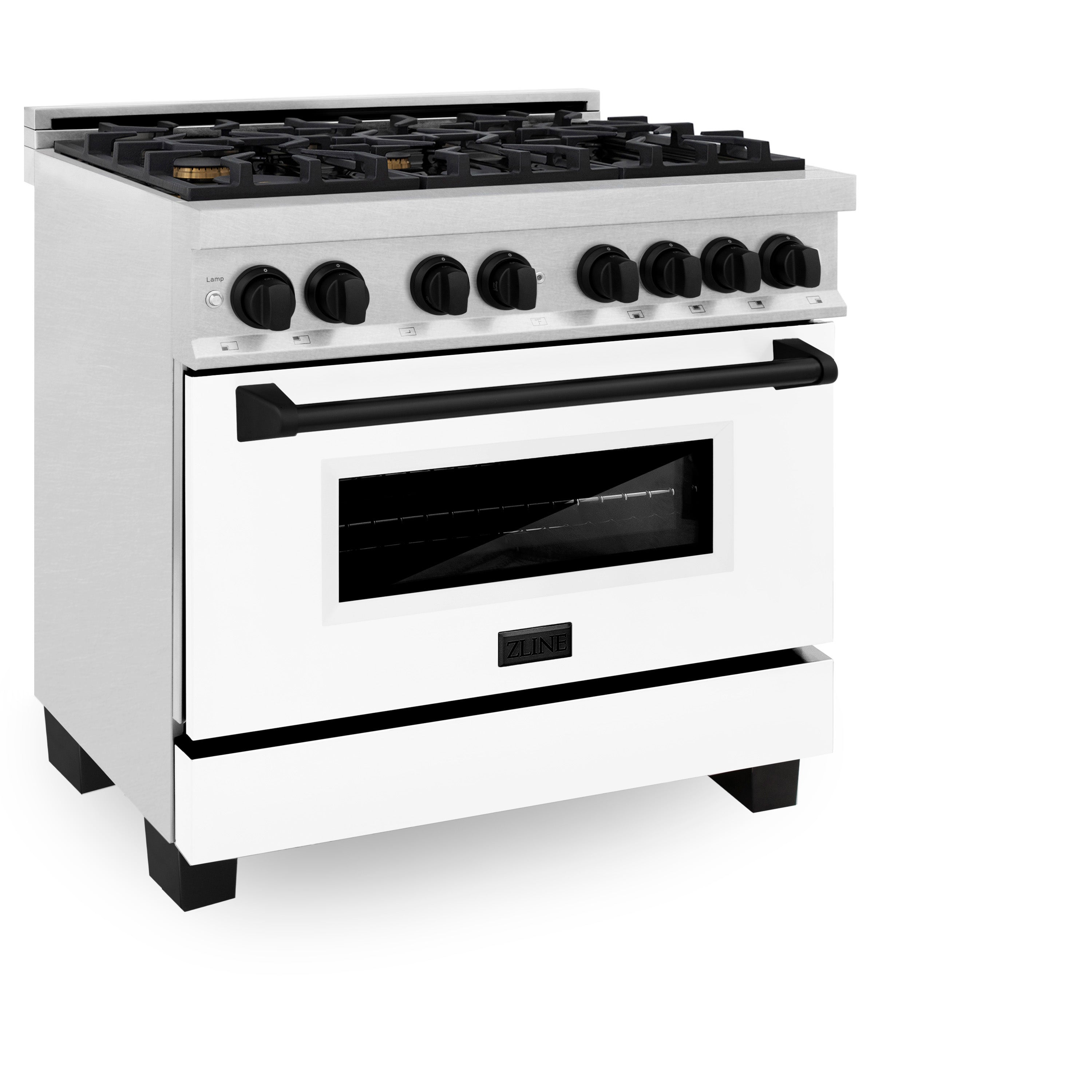 ZLINE Autograph Edition 36 in. 4.6 cu. ft. Legacy Dual Fuel Range with 6 Burner Gas Cooktop and Electric Convection Oven in Satin Stainless Steel with White Matte Door and Matte Black Accents (RASZ-WM-36-MB)