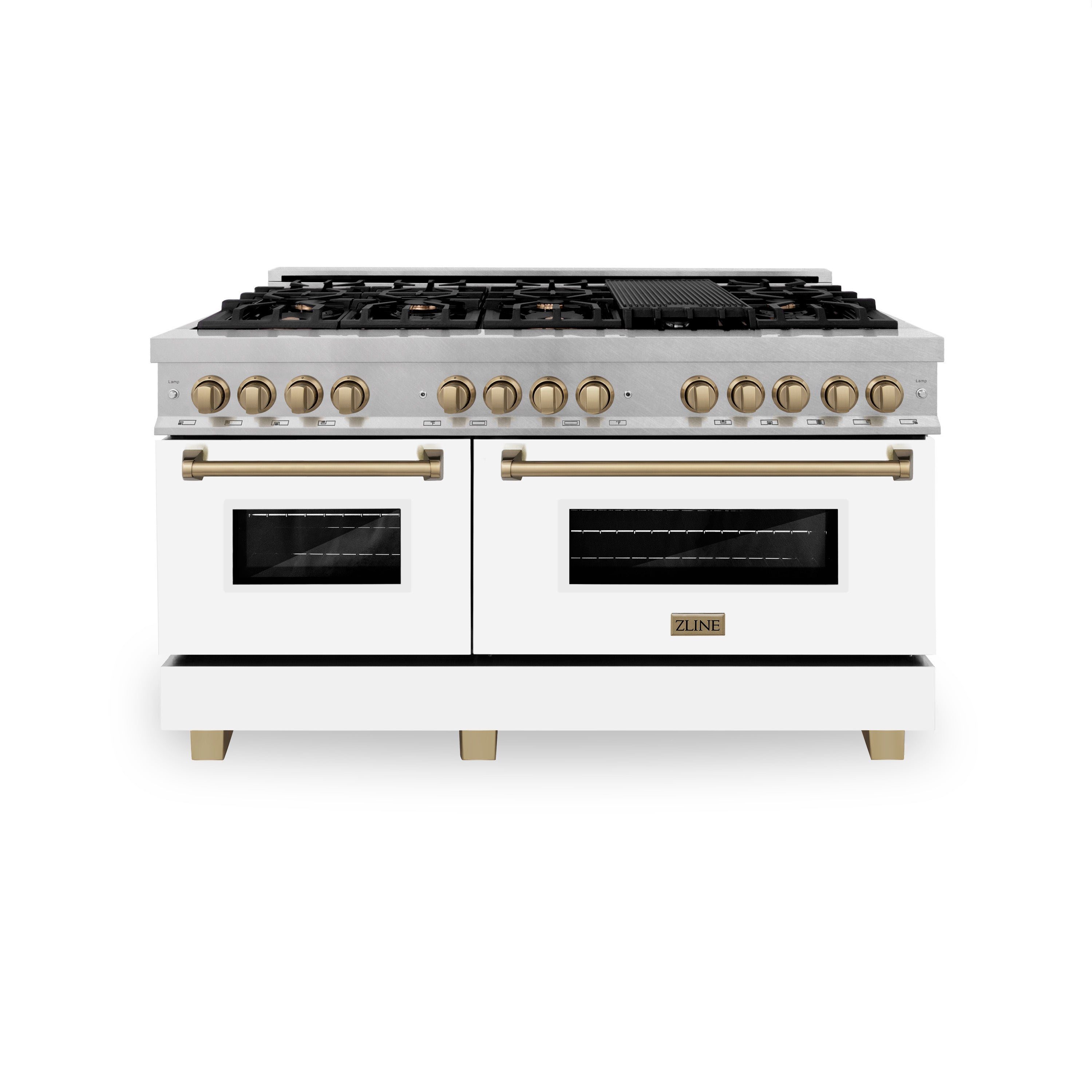 ZLINE Autograph Edition 60 in. 7.4 cu. ft. Legacy Dual Fuel Range with 9 Burner Gas Cooktop and 2 Electric Convection Ovens in Satin Stainless Steel with White Matte Doors and Champagne Bronze Accents (RASZ-WM-60-CB)