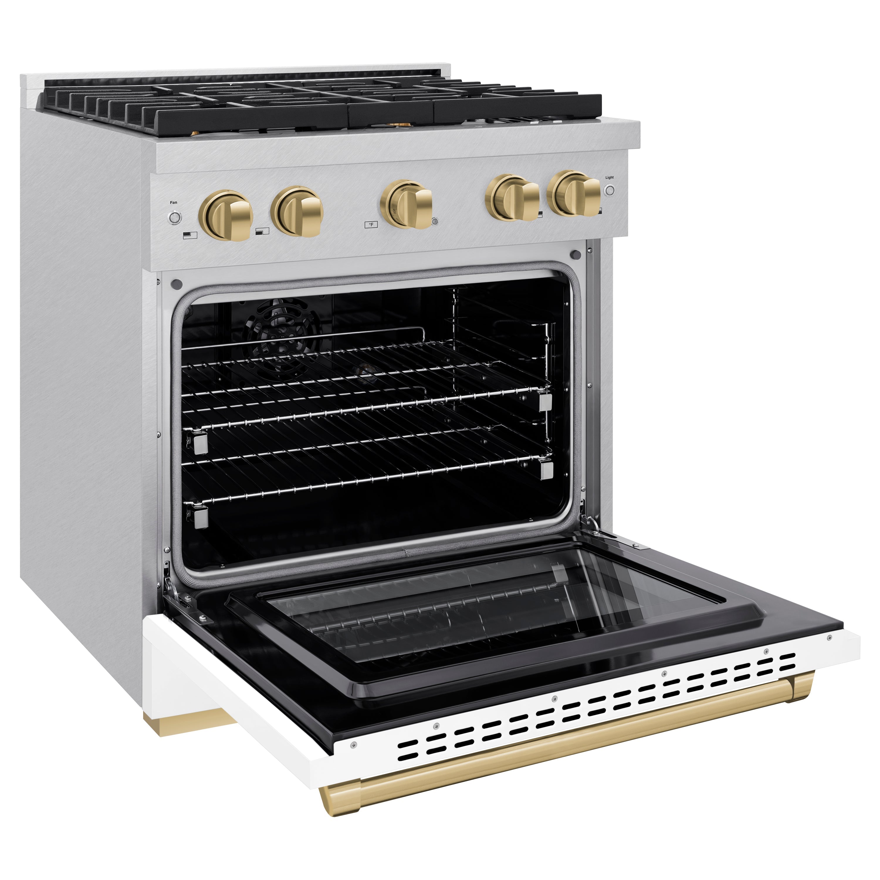 ZLINE Autograph Edition 30 in. 4.2 cu. ft. Paramount Dual Fuel Range with 4 Burner Gas Cooktop and Electric Convection Oven in Satin Stainless Steel with White Matte Door and Champagne Bronze Accents (SDRSZ-WM-30-CB)