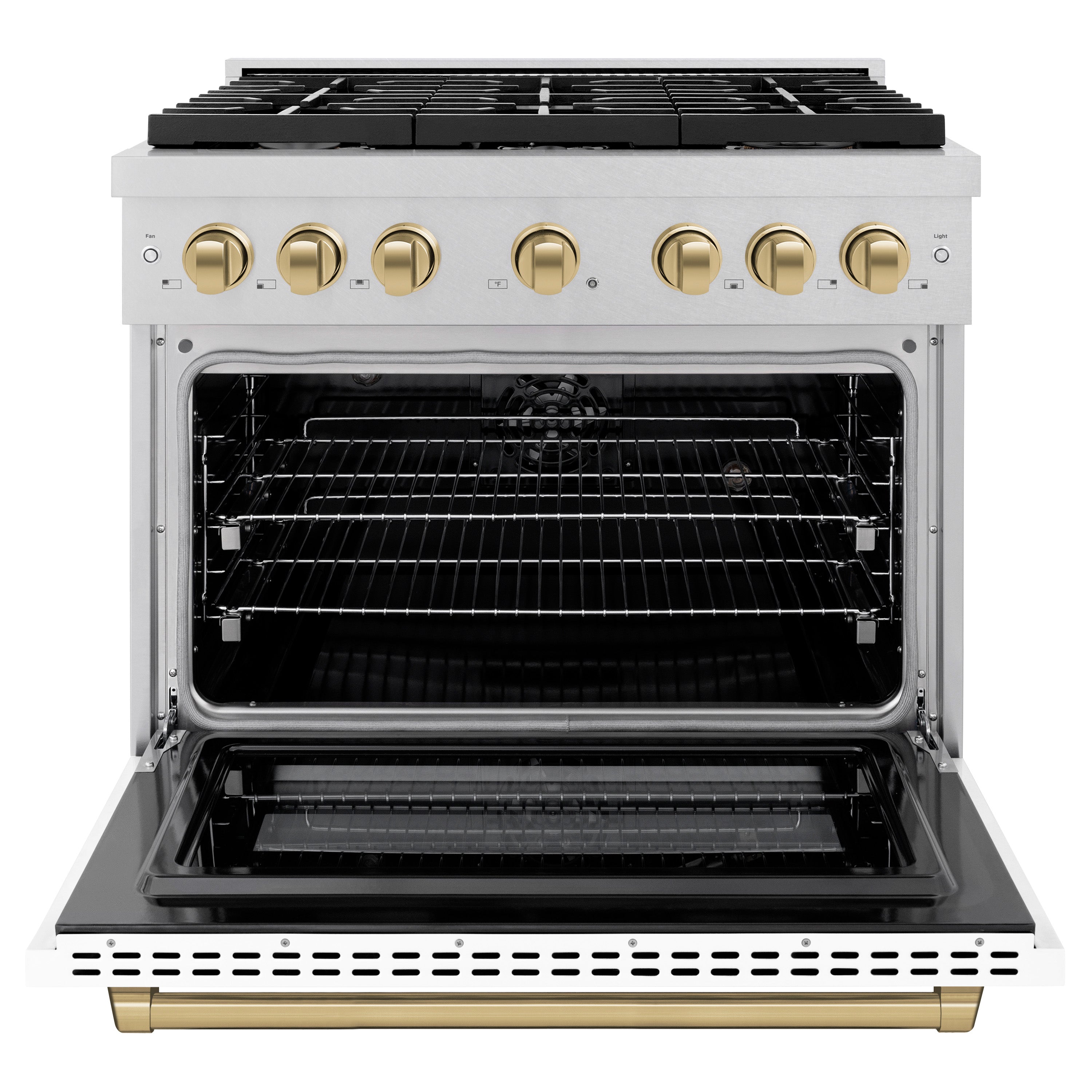 ZLINE Autograph Edition 36 in. 5.2 cu. ft. Paramount Dual Fuel Range with 6 Burner Gas Cooktop and Electric Convection Oven in Satin Stainless Steel with White Matte Door and Champagne Bronze Accents (SDRSZ-WM-36-CB)