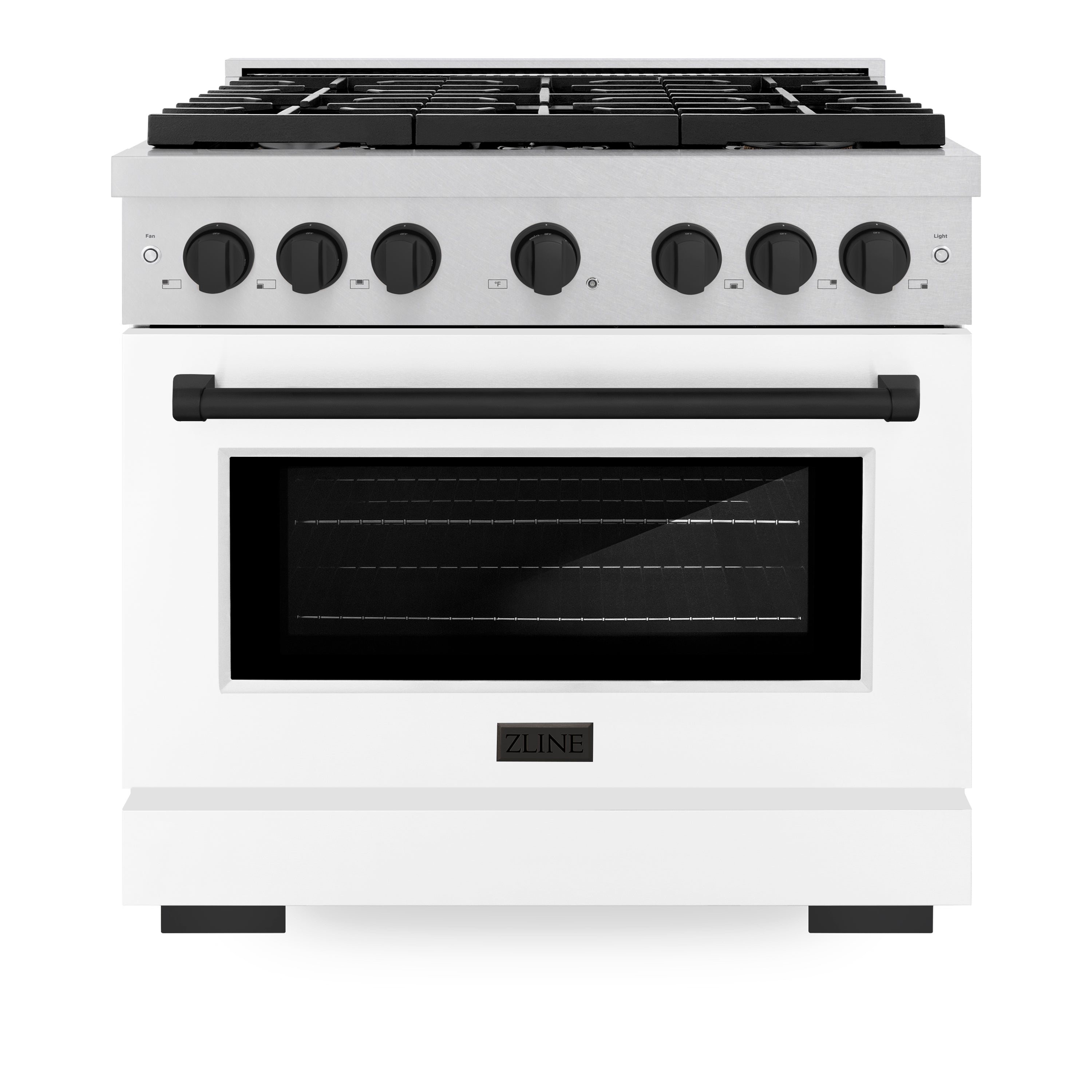 ZLINE Autograph Edition 36 in. 5.2 cu. ft. Paramount Dual Fuel Range with 6 Burner Gas Cooktop and Electric Convection Oven in Satin Stainless Steel with White Matte Door and Matte Black Accents (SDRSZ-WM-36-MB)