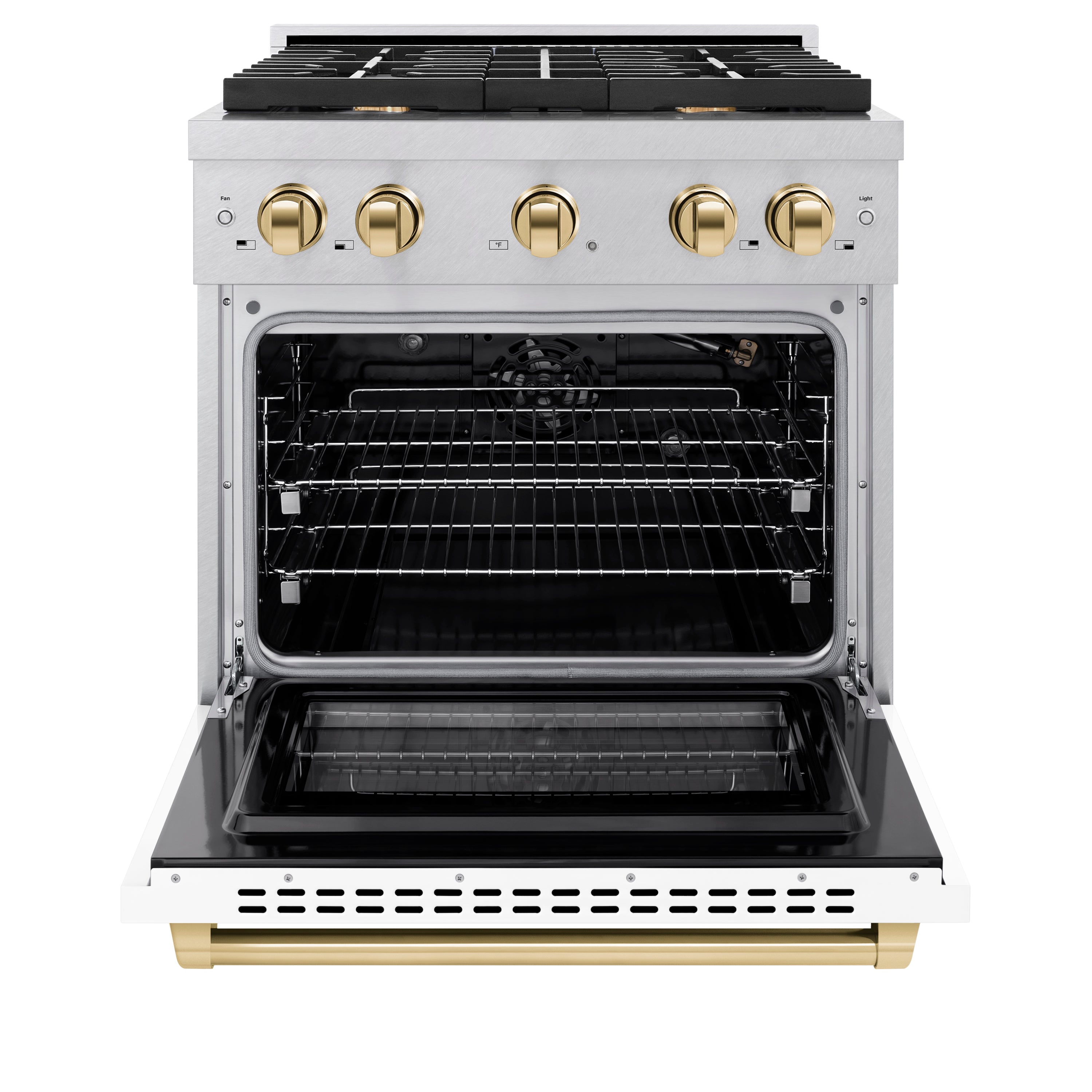 ZLINE Autograph Edition 30 in. 4.2 cu. ft. Paramount Gas Range with 4 Burner Cooktop and Convection Gas Oven in Satin Stainless Steel with White Matte Door and Polished Gold Accents (SGRSZ-WM-30-G)