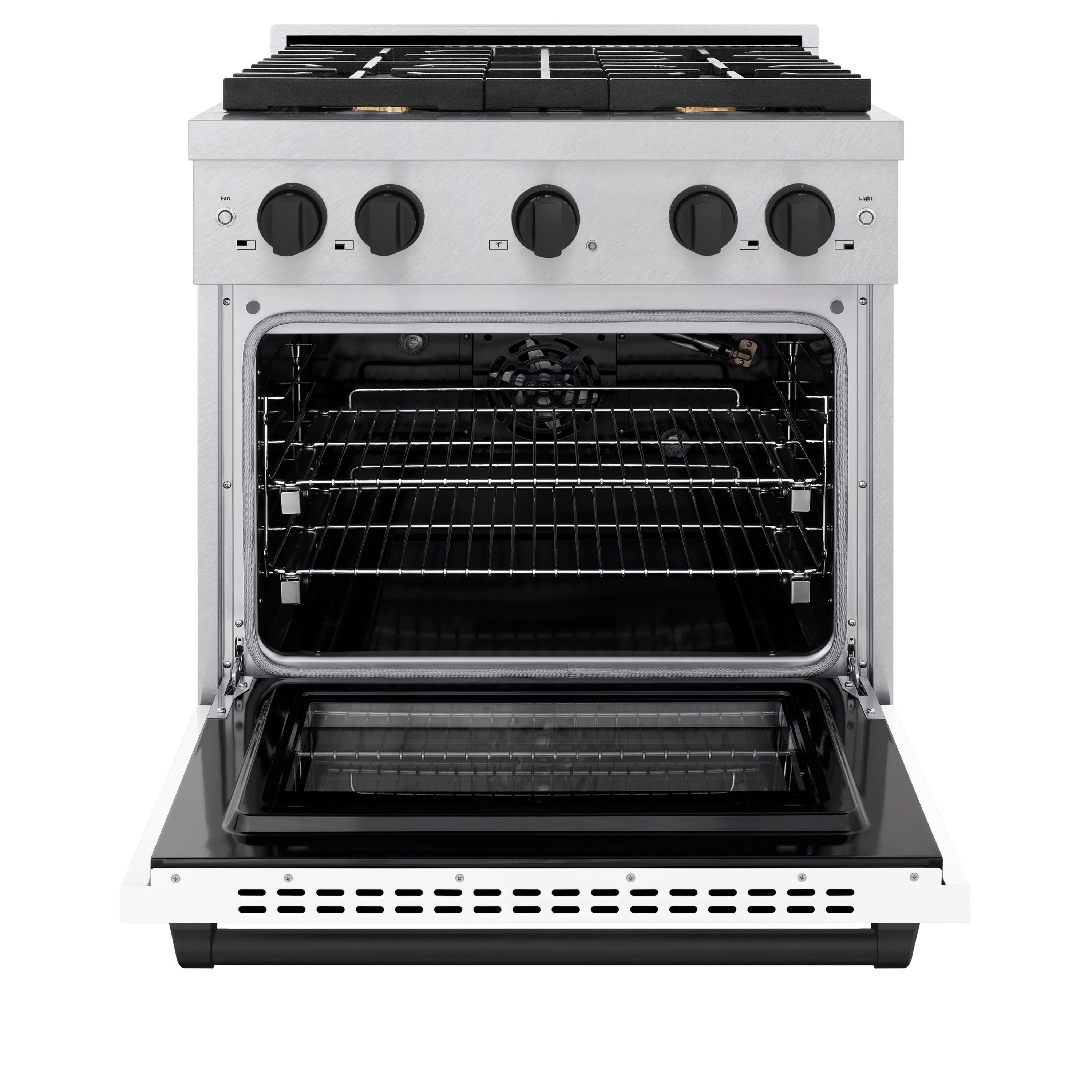 ZLINE Autograph Edition 30 in. 4.2 cu. ft. Paramount Gas Range with 4 Burner Cooktop and Convection Gas Oven in Satin Stainless Steel with White Matte Door and Matte Black Accents (SGRSZ-WM-30-MB)