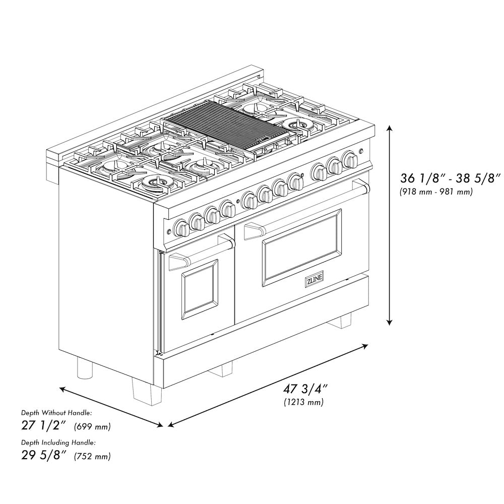 ZLINE Autograph Edition 48 in. 6.0 cu. ft. Legacy Dual Fuel Range with 7 Burner Gas Cooktop and 2 Electric Ovens in Stainless Steel and Matte Black Accents (RAZ-48-MB)