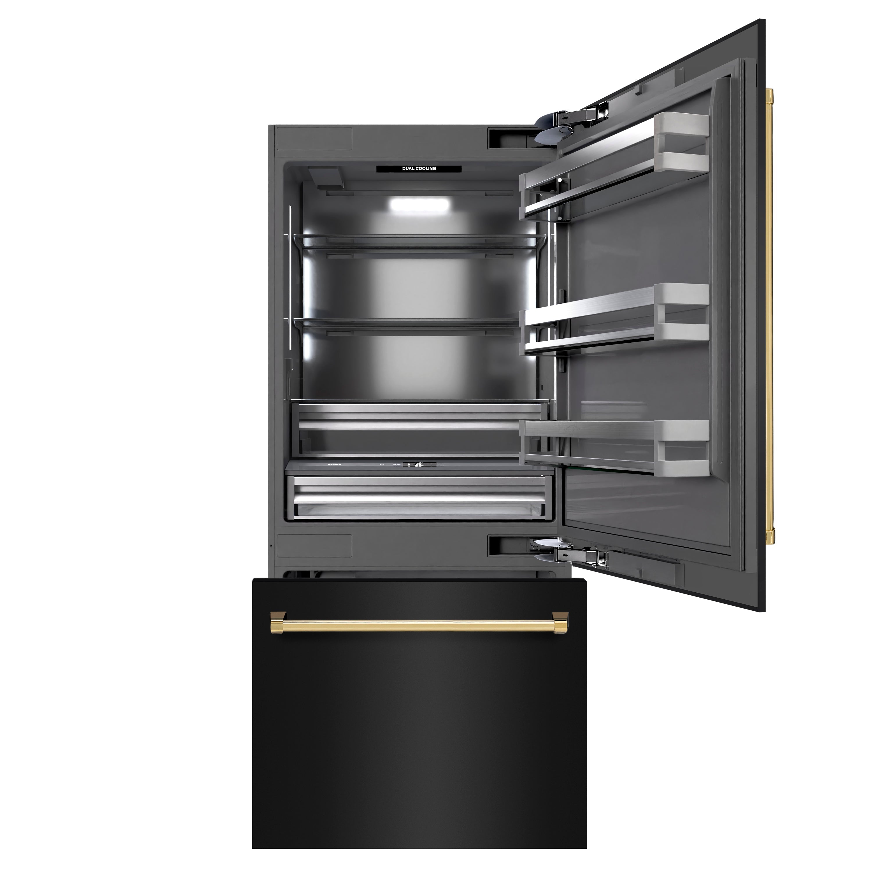 ZLINE Autograph Edition 36 in. 19.8 cu. ft. Built-In Bottom Freezer Refrigerator with Water Dispenser and Ice Maker in Black Stainless Steel with Graphite Gray Interior and Polished Gold Accents (GRBITZ-BS-36-G)