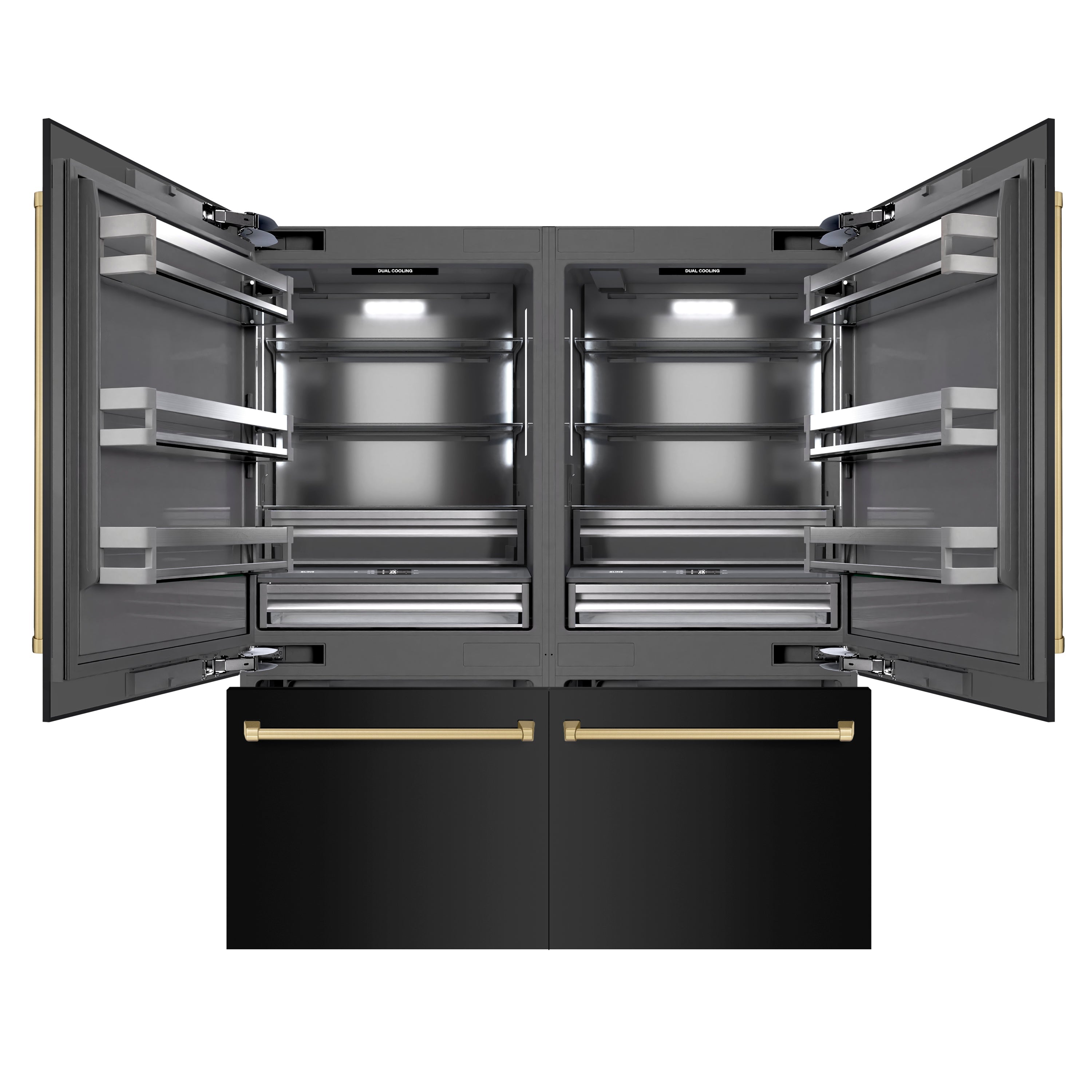 ZLINE Autograph Edition 72 in. 39.6 cu. ft. French Door Built-In Bottom Freezer Refrigerator with Water Dispensers and Ice Makers in Black Stainless Steel with Graphite Gray Interior and Champagne Bronze Accents (GRBITZ-BS-72-CB)