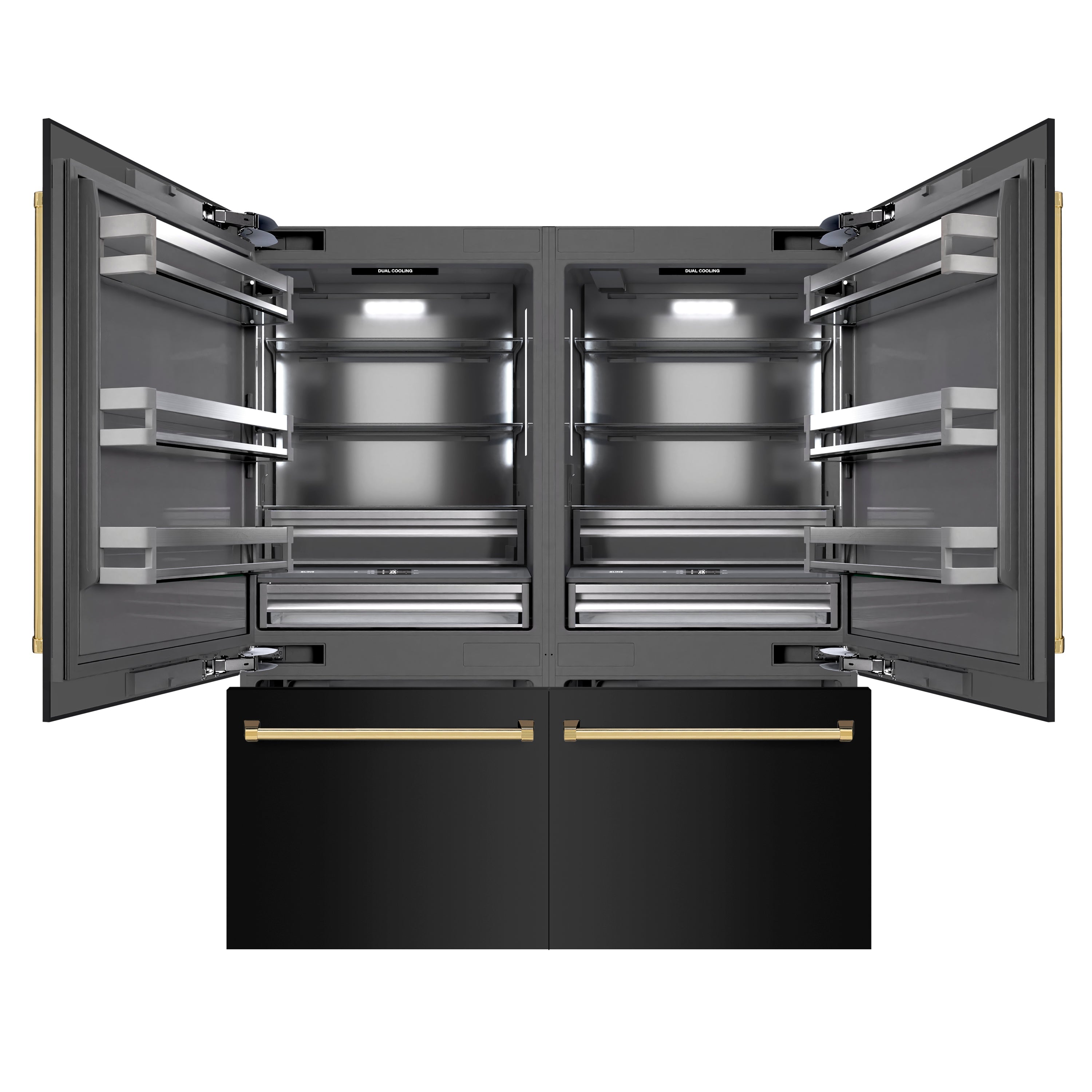 ZLINE Autograph Edition 72 in. 39.6 cu. ft. French Door Built-In Bottom Freezer Refrigerator with Water Dispensers and Ice Makers in Black Stainless Steel with Graphite Gray Interior and Polished Gold Accents (GRBITZ-BS-72-G)