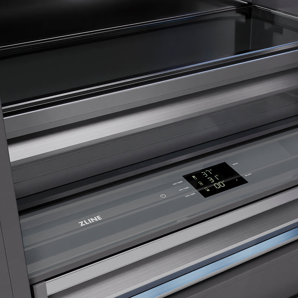 ZLINE Autograph Edition 36 in. 19.8 cu. ft. Built-In Bottom Freezer Refrigerator with Water Dispenser and Ice Maker in Black Stainless Steel with Graphite Gray Interior and Polished Gold Helix Handles (GRBITZ-BS36-KG)