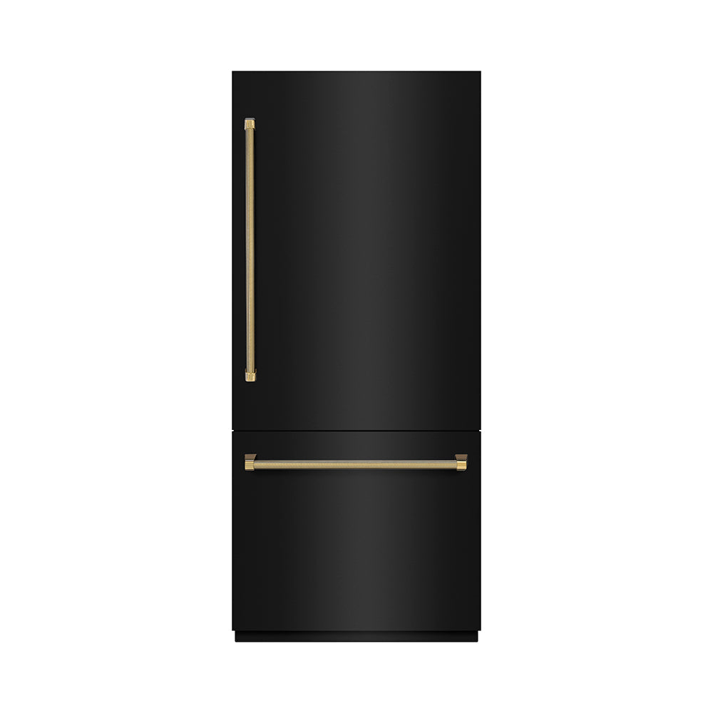 ZLINE Autograph Edition 36 in. 19.8 cu. ft. Built-In Bottom Freezer Refrigerator with Water Dispenser and Ice Maker in Black Stainless Steel with Graphite Gray Interior and Polished Gold Helix Handles (GRBITZ-BS36-KG)