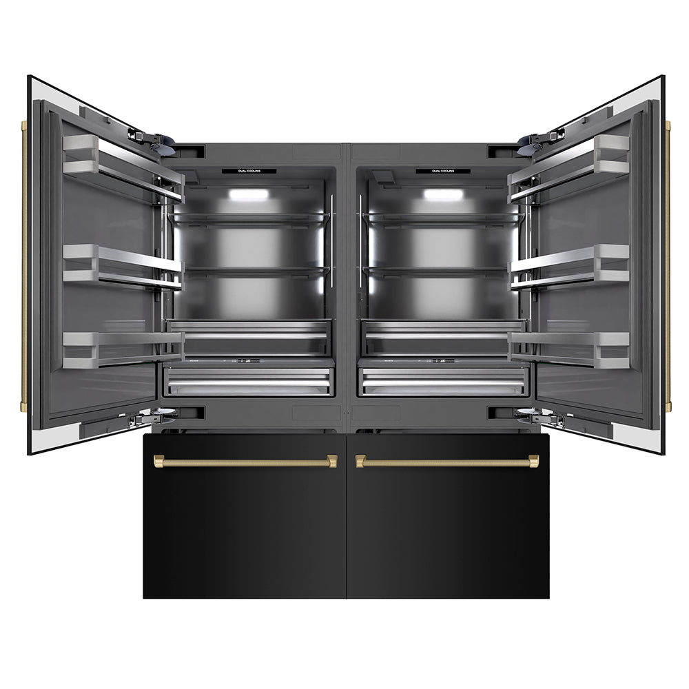 ZLINE Autograph Edition 72 in. 39.6 cu. ft. French Door Built-In Bottom Freezer Refrigerator with Water Dispensers and Ice Makers in Black Stainless Steel with Graphite Gray Interior and Champagne Bronze Helix Handles (GRBITZ-BS72-KCB)