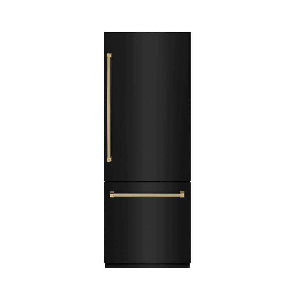 ZLINE Autograph Edition 30 in. 16.1 cu. ft. Built-In Bottom Freezer Refrigerator with Water Dispenser and Ice Maker in Black Stainless Steel with Graphite Gray Interior and Polished Gold Helix Handles (GRBIVZ-BS30KG)