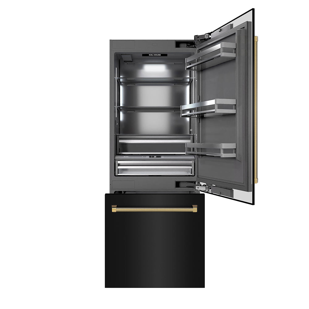 ZLINE Autograph Edition 30 in. 16.1 cu. ft. Built-In Bottom Freezer Refrigerator with Water Dispenser and Ice Maker in Black Stainless Steel with Graphite Gray Interior and Polished Gold Helix Handles (GRBIVZ-BS30KG)