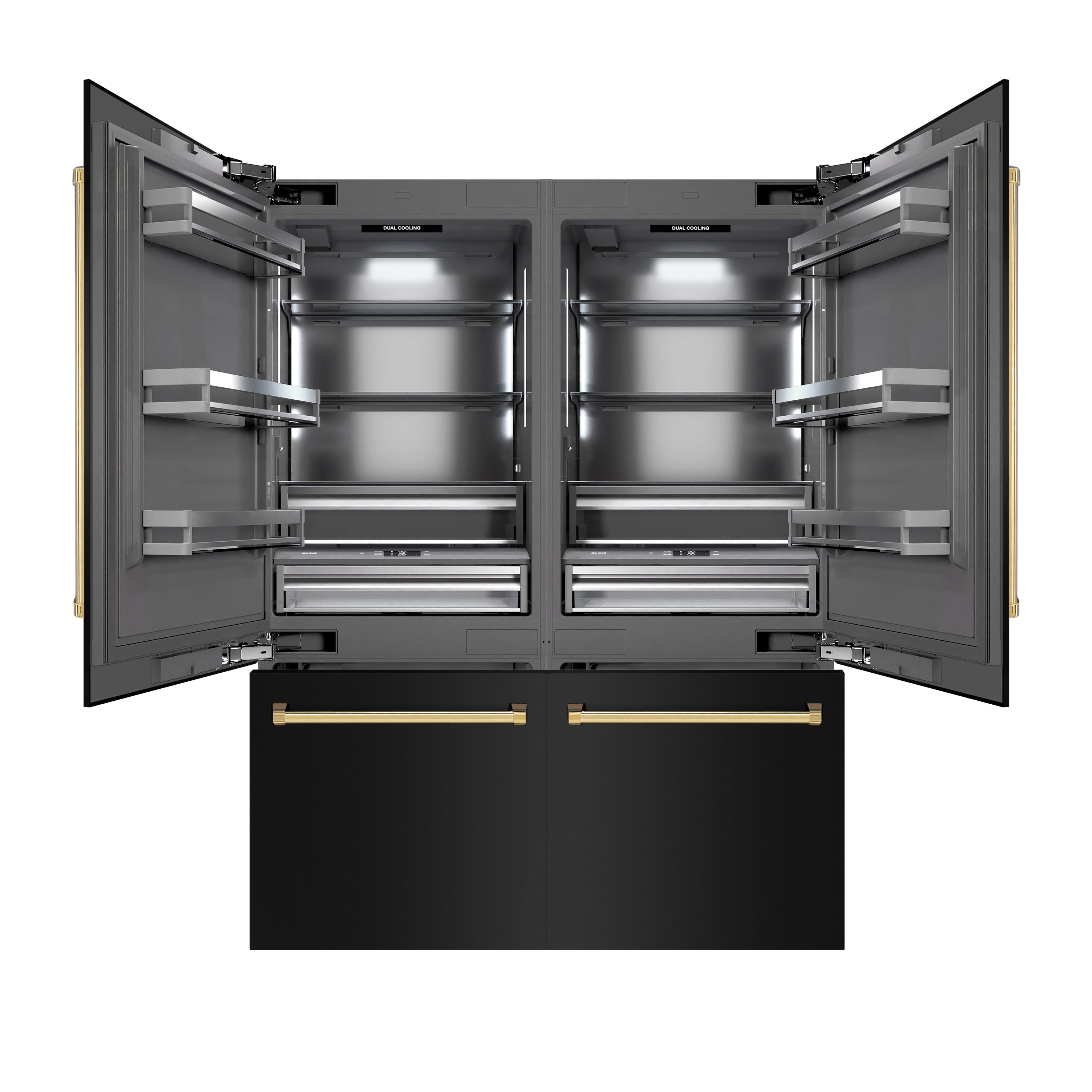 ZLINE Autograph Edition 60 in. 32.2 cu. ft. French Door Built-In Bottom Freezer Refrigerator with Water Dispenser and Ice Maker in Black Stainless Steel with Graphite Gray Interior and Polished Gold Accents (GRBIVZ-BS-60-G)