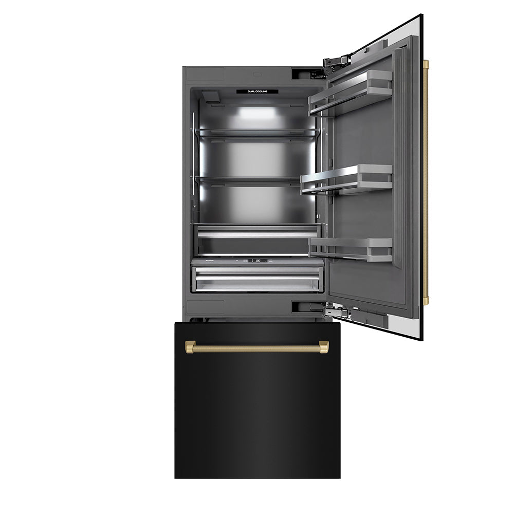 ZLINE Autograph Edition 30 in. 16.1 cu. ft. Built-In Bottom Freezer Refrigerator with Water Dispenser and Ice Maker in Black Stainless Steel with Graphite Gray Interior and Champagne Bronze Helix Handles (GRBIVZ-BS30KCB)