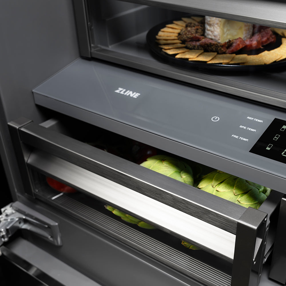 ZLINE Autograph Edition 36 in. 19.6 cu. ft. French Door Built-In Bottom Freezer Refrigerator with Water Dispenser and Ice Maker in Black Stainless Steel with Graphite Gray Interior and Champagne Bronze Helix Handles (GRBIVZ-BS36KCB)