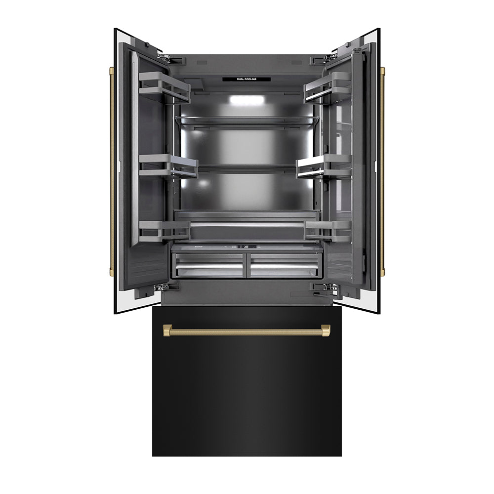 ZLINE Autograph Edition 36 in. 19.6 cu. ft. French Door Built-In Bottom Freezer Refrigerator with Water Dispenser and Ice Maker in Black Stainless Steel with Graphite Gray Interior and Champagne Bronze Helix Handles (GRBIVZ-BS36KCB)