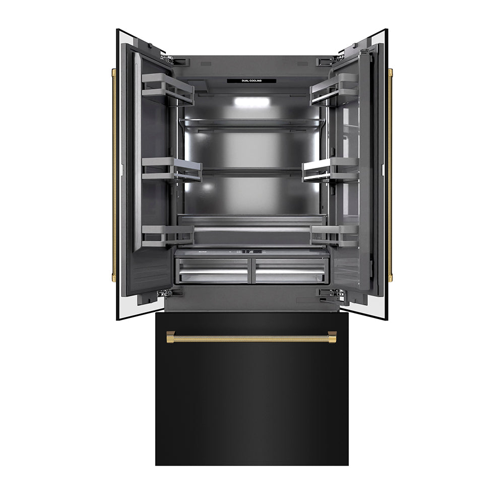 ZLINE Autograph Edition 36 in. 19.6 cu. ft. French Door Built-In Bottom Freezer Refrigerator with Water Dispenser and Ice Maker in Black Stainless Steel with Graphite Gray Interior and Polished Gold Helix Handles (GRBIVZ-BS36KG)