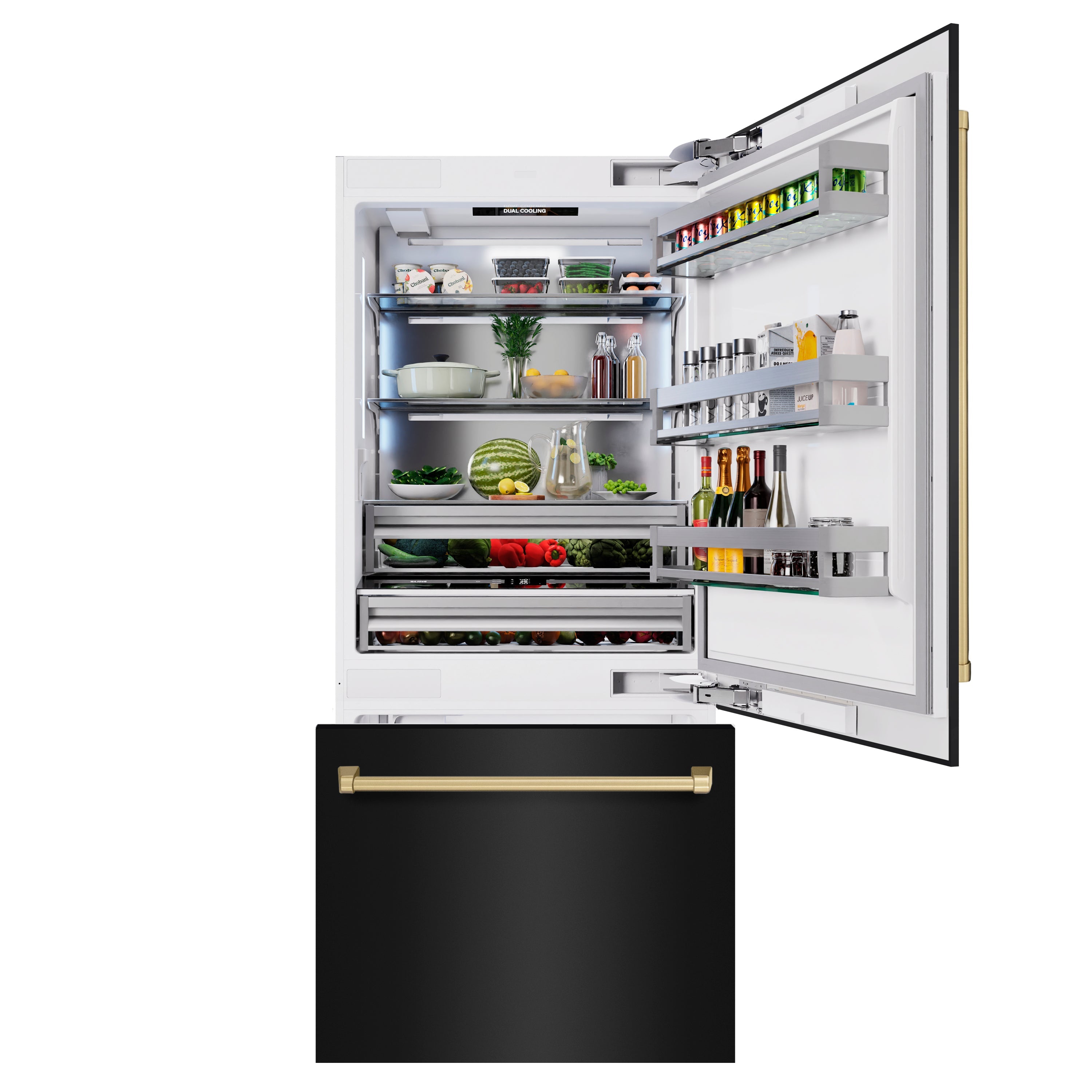 ZLINE Autograph Edition 36 in. 19.8 cu. ft. Built-In Bottom Freezer Refrigerator with Water Dispenser and Ice Maker in Black Stainless Steel and Champagne Bronze Accents (RBITZ-BS-36-CB)