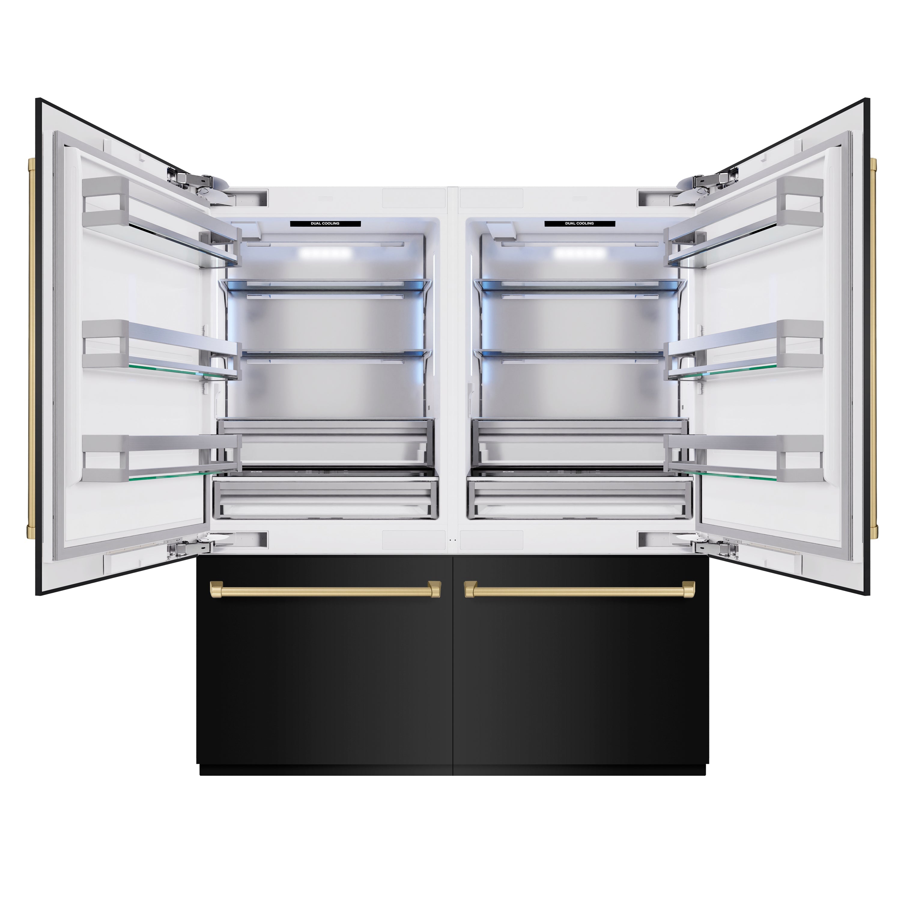 ZLINE Autograph Edition 72 in. 39.6 cu. ft. French Door Built-In Bottom Freezer Refrigerator with Water Dispensers and Ice Makers in Black Stainless Steel and Champagne Bronze Accents (RBITZ-BS-72-CB)