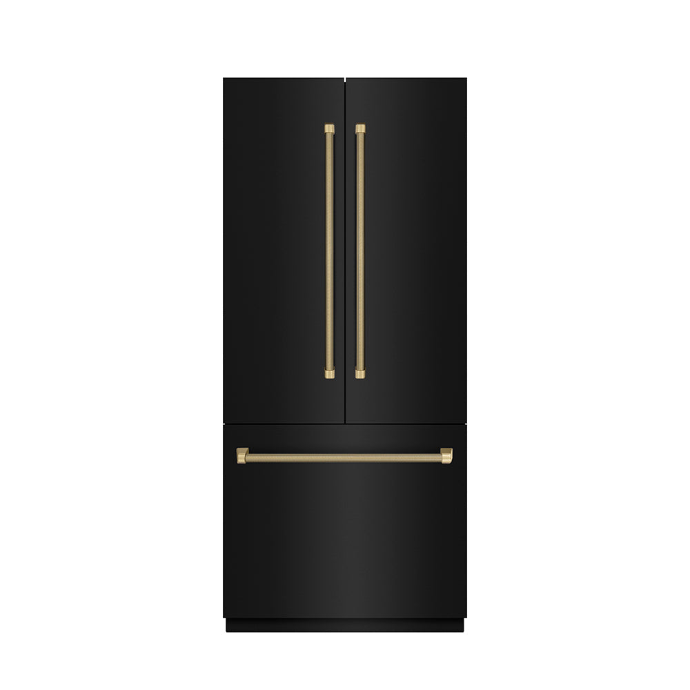 ZLINE Autograph Edition 36 in. 19.6 cu. ft. French Door Built-In Bottom Freezer Refrigerator with Water Dispenser and Ice Maker in Black Stainless Steel with Stainless Steel Interior and Champagne Bronze Helix Handles (SRBIVZ-BS36KCB)
