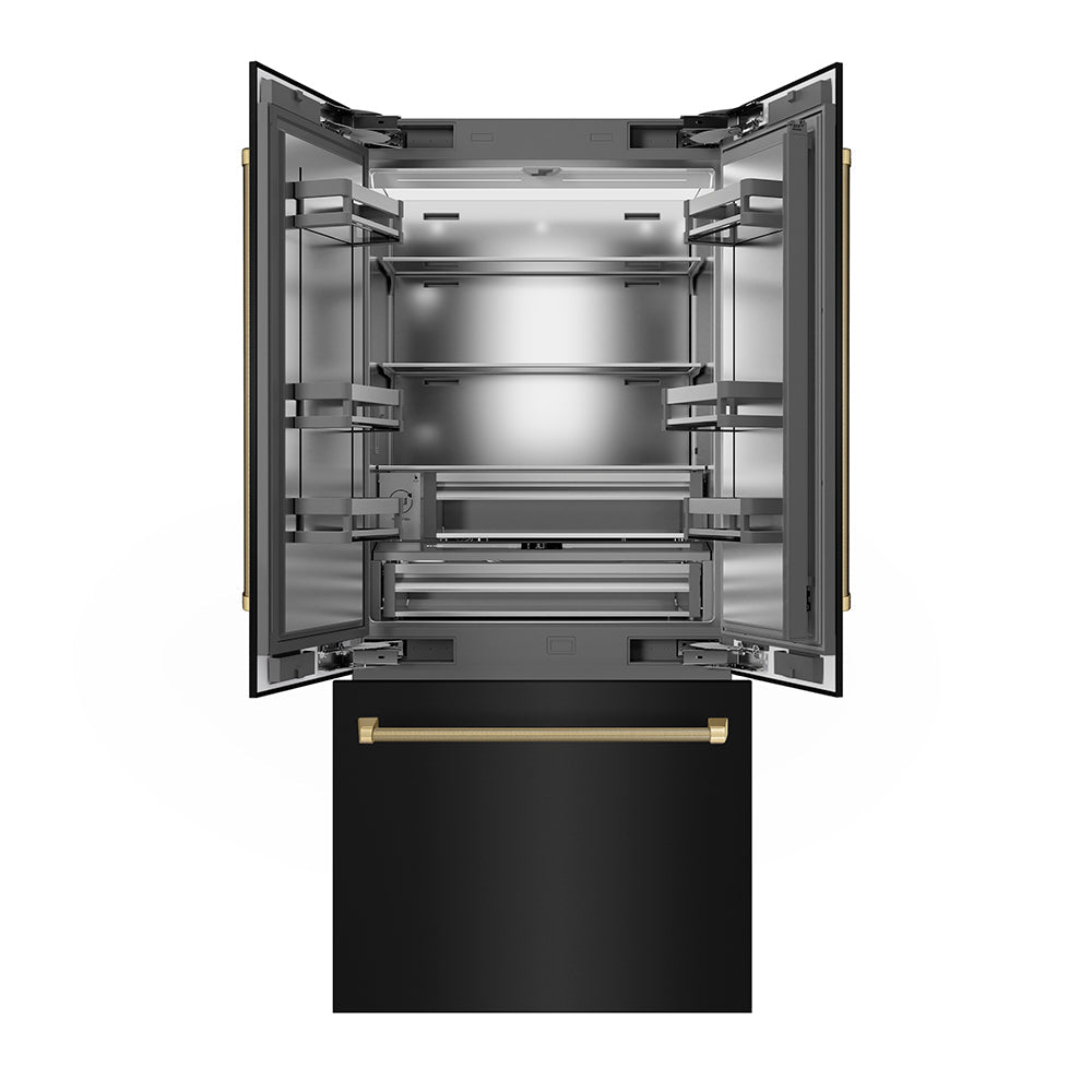 ZLINE Autograph Edition 36 in. 19.6 cu. ft. French Door Built-In Bottom Freezer Refrigerator with Water Dispenser and Ice Maker in Black Stainless Steel with Stainless Steel Interior and Champagne Bronze Helix Handles (SRBIVZ-BS36KCB)