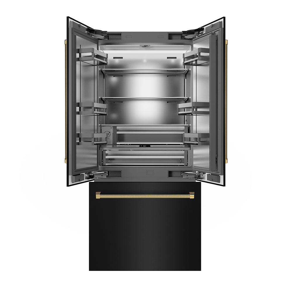 ZLINE Autograph Edition 36 in. 19.6 cu. ft. French Door Built-In Bottom Freezer Refrigerator with Water Dispenser and Ice Maker in Black Stainless Steel with Stainless Steel Interior and Polished Gold Helix Handles (SRBIVZ-BS36KG)