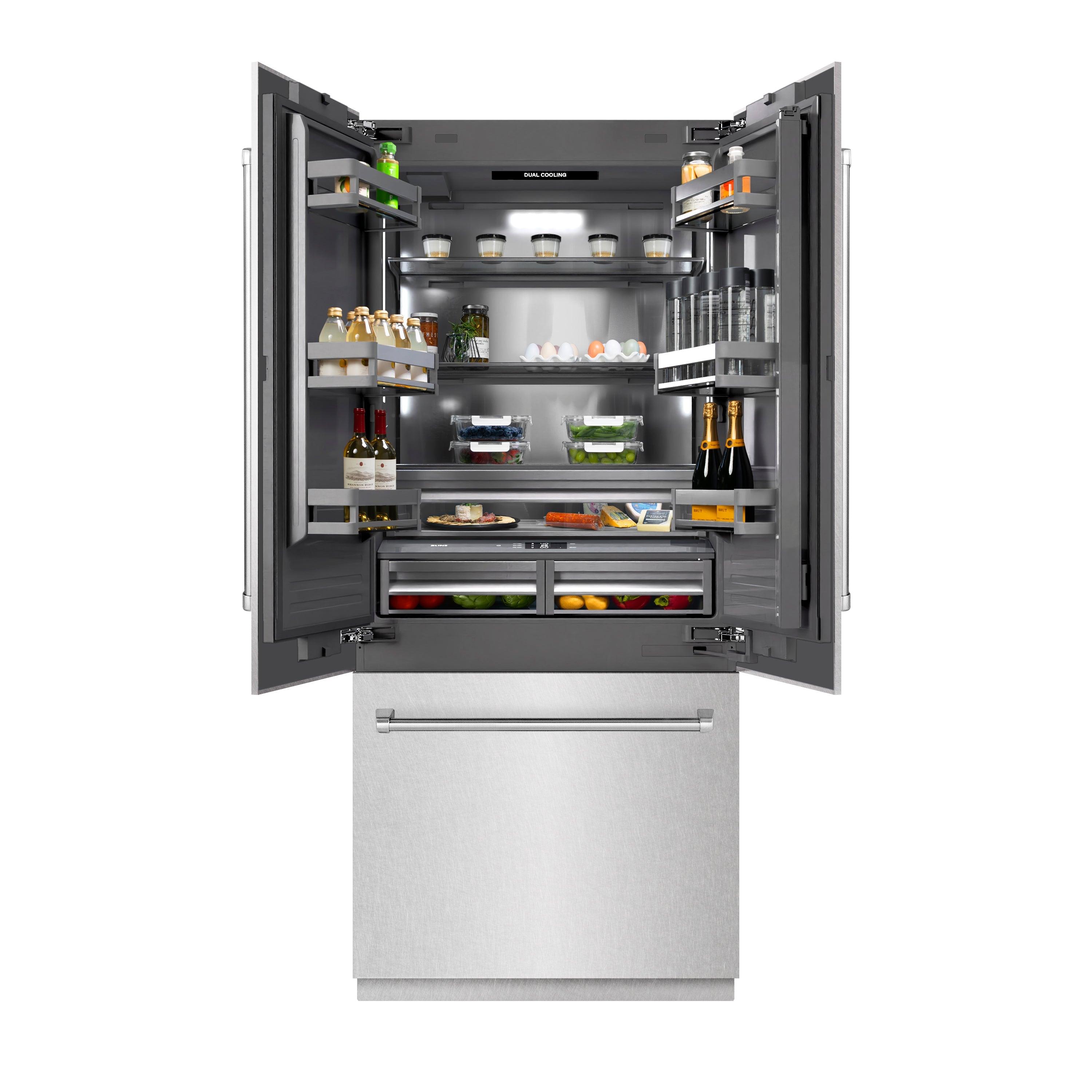 ZLINE 36 in. 19.6 cu. ft. French Door Built-In Bottom Freezer Refrigerator with Water Dispenser and Ice Maker in DuraSnow® Stainless Steel with Graphite Gray Interior (GRBIV-SN-36)