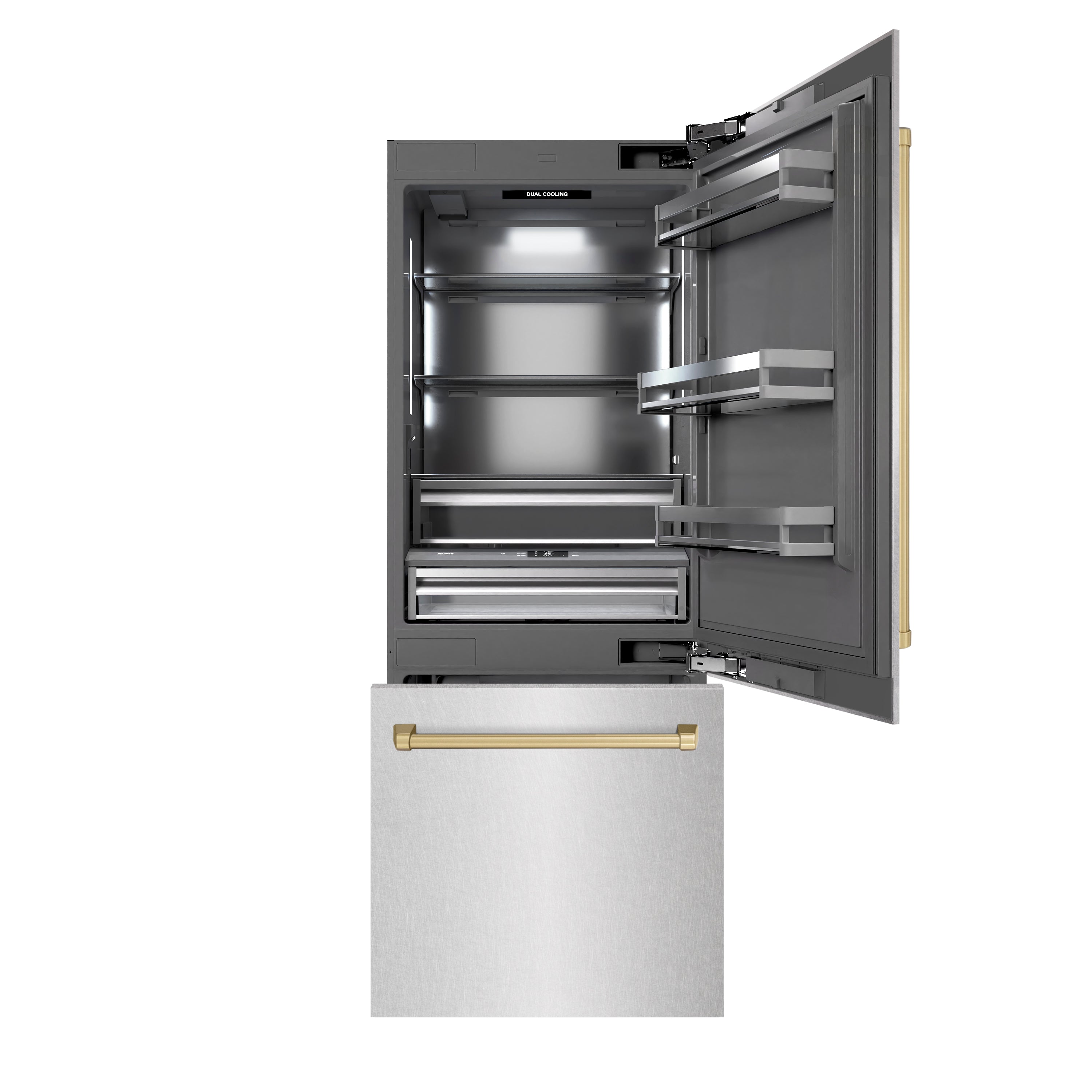 ZLINE Autograph Edition 30 in. 16.1 cu. ft. Built-In Bottom Freezer Refrigerator with Water Dispenser and Ice Maker in DuraSnow® Stainless Steel with Graphite Gray Interior and Champagne Bronze Accents (GRBIVZ-SN-30-CB)