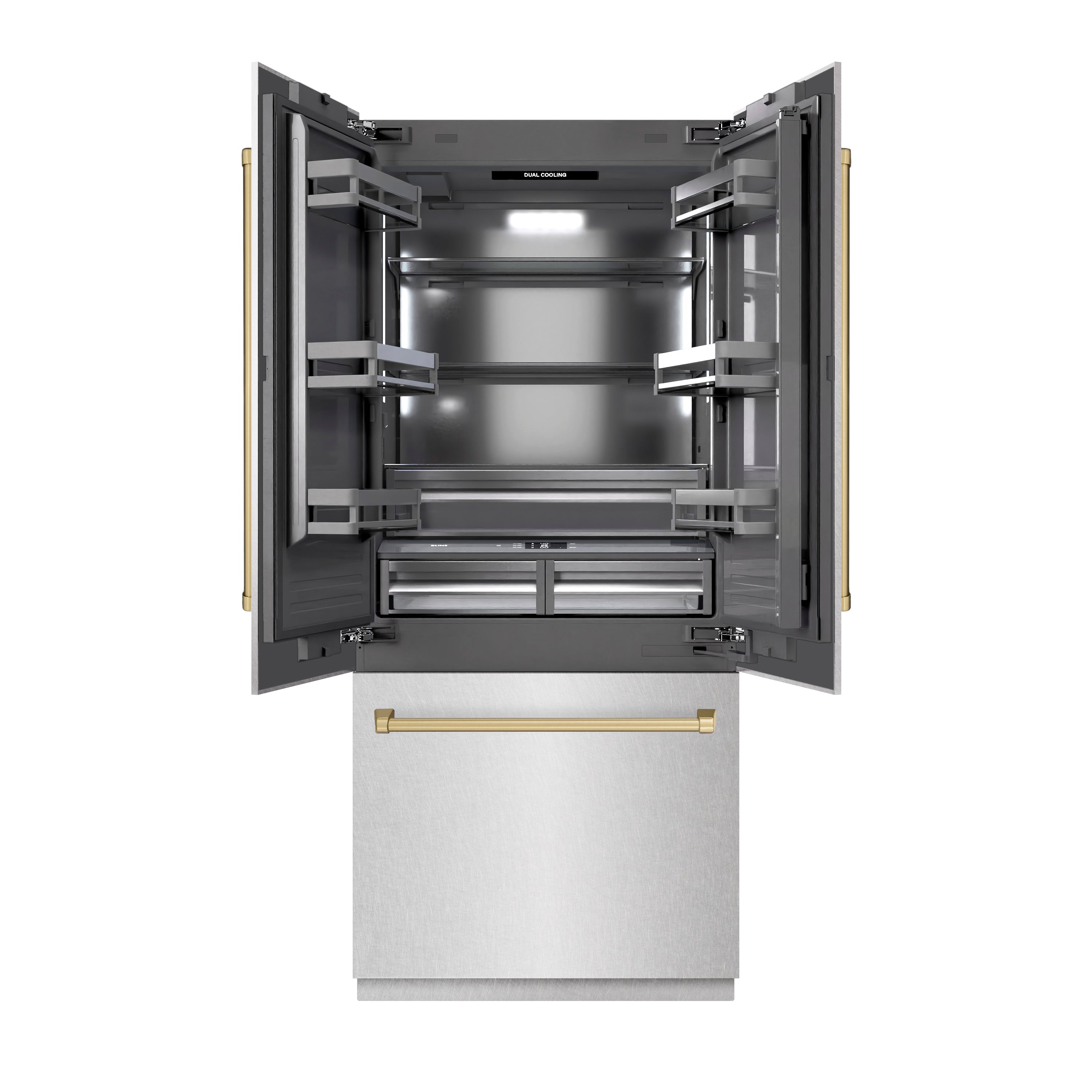 ZLINE Autograph Edition 36 in. 19.6 cu. ft. French Door Built-In Bottom Freezer Refrigerator with Water Dispenser and Ice Maker in DuraSnow® Stainless Steel with Graphite Gray Interior and Champagne Bronze Accents (GRBIVZ-SN-36-CB)