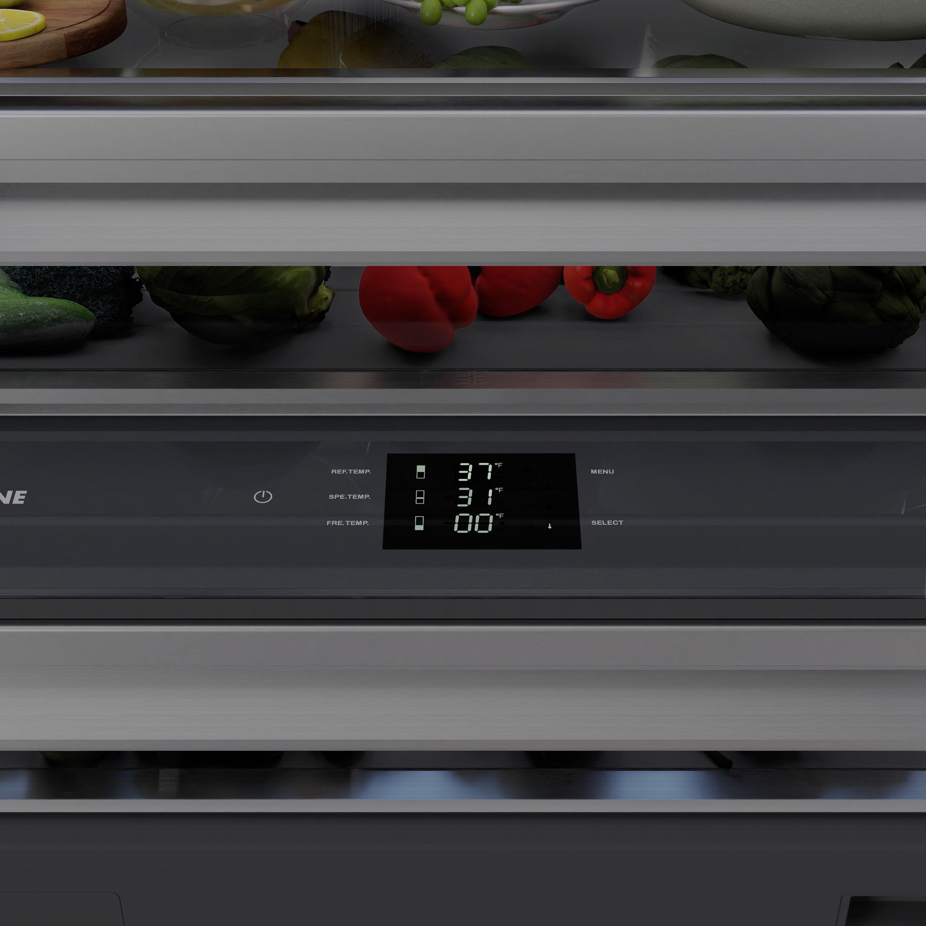 ZLINE Autograph Edition 36 in. 19.6 cu. ft. French Door Built-In Bottom Freezer Refrigerator with Water Dispenser and Ice Maker in DuraSnow® Stainless Steel with Graphite Gray Interior and Champagne Bronze Accents (GRBIVZ-SN-36-CB)