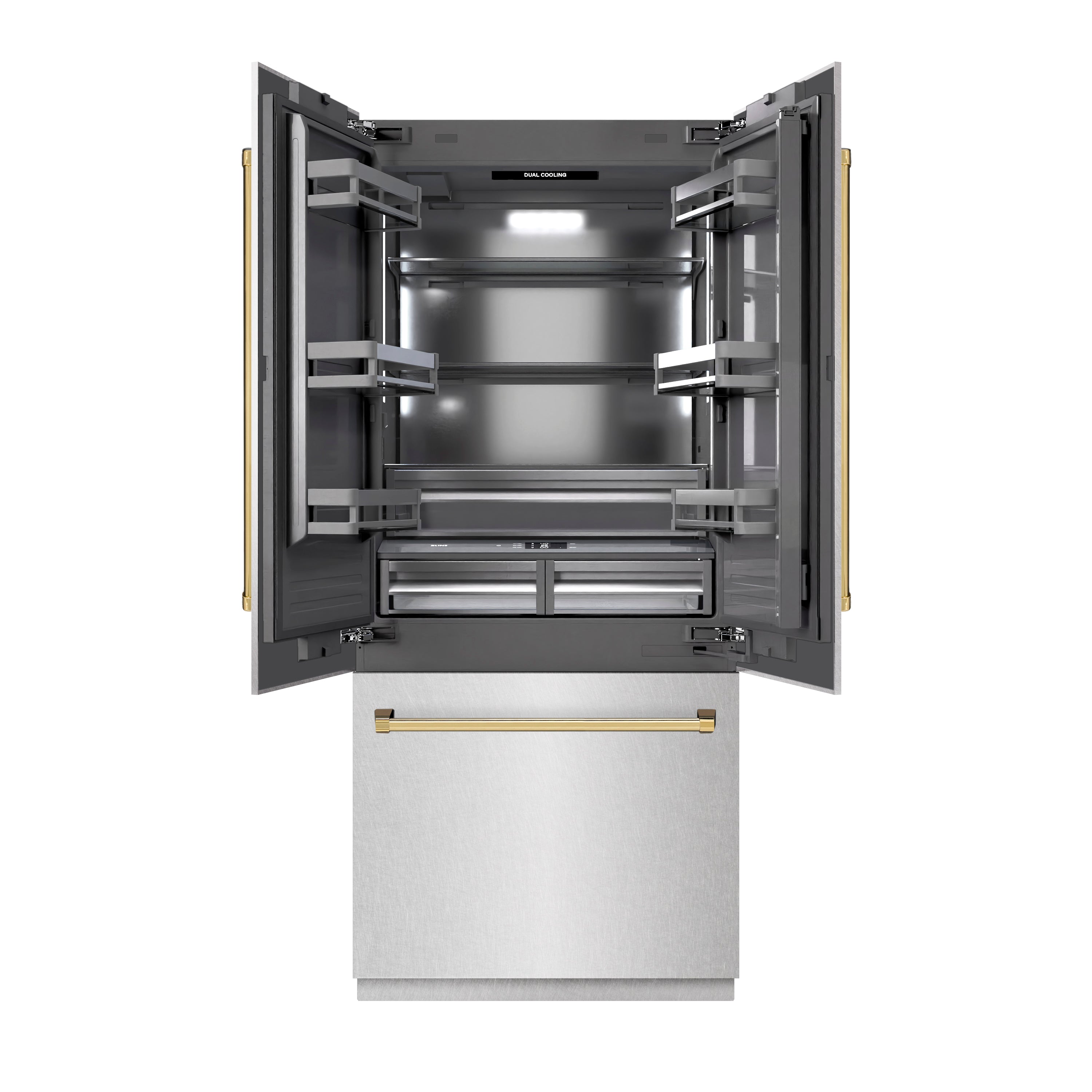 ZLINE Autograph Edition 36 in. 19.6 cu. ft. French Door Built-In Bottom Freezer Refrigerator with Water Dispenser and Ice Maker in DuraSnow® Stainless Steel with Graphite Gray Interior and Polished Gold Accents (GRBIVZ-SN-36-G)