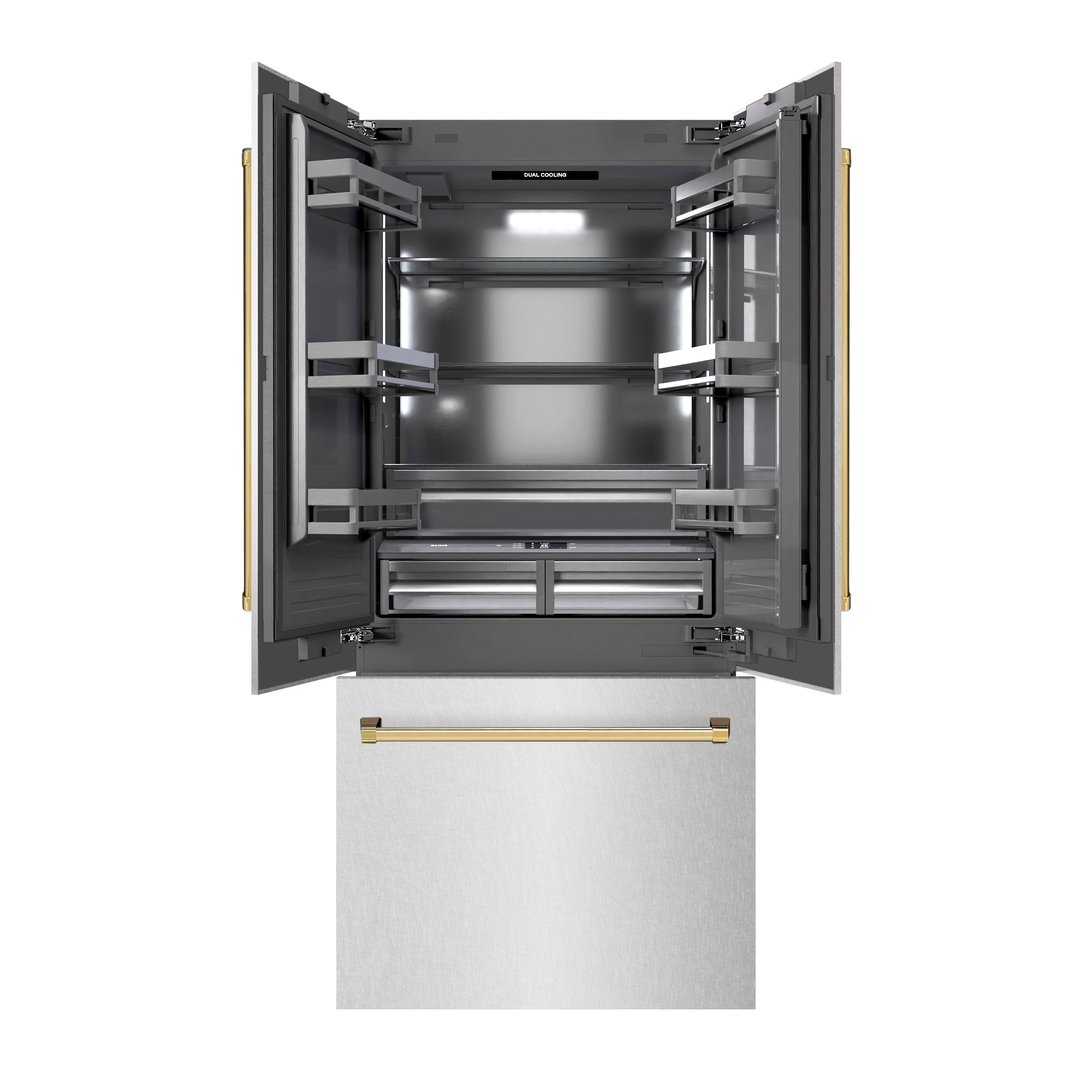ZLINE Autograph Edition 36 in. 19.6 cu. ft. French Door Built-In Bottom Freezer Refrigerator with Water Dispenser and Ice Maker in DuraSnow® Stainless Steel with Graphite Gray Interior and Polished Gold Accents (GRBIVZ-SN-36-G)