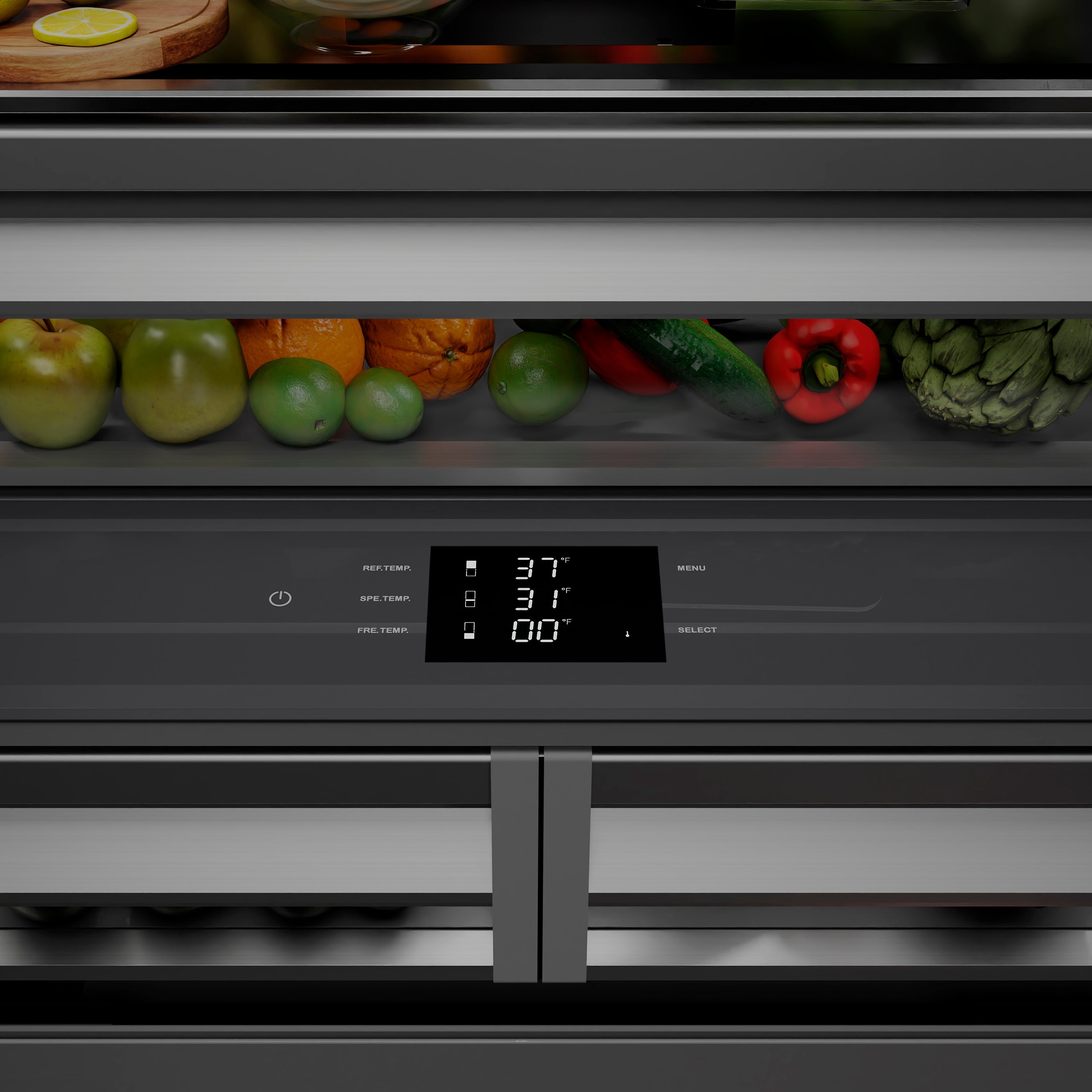 ZLINE Autograph Edition 36 in. 19.6 cu. ft. French Door Built-In Bottom Freezer Refrigerator with Water Dispenser and Ice Maker in DuraSnow® Stainless Steel with Graphite Gray Interior and Matte Black Accents (GRBIVZ-SN-36-MB)